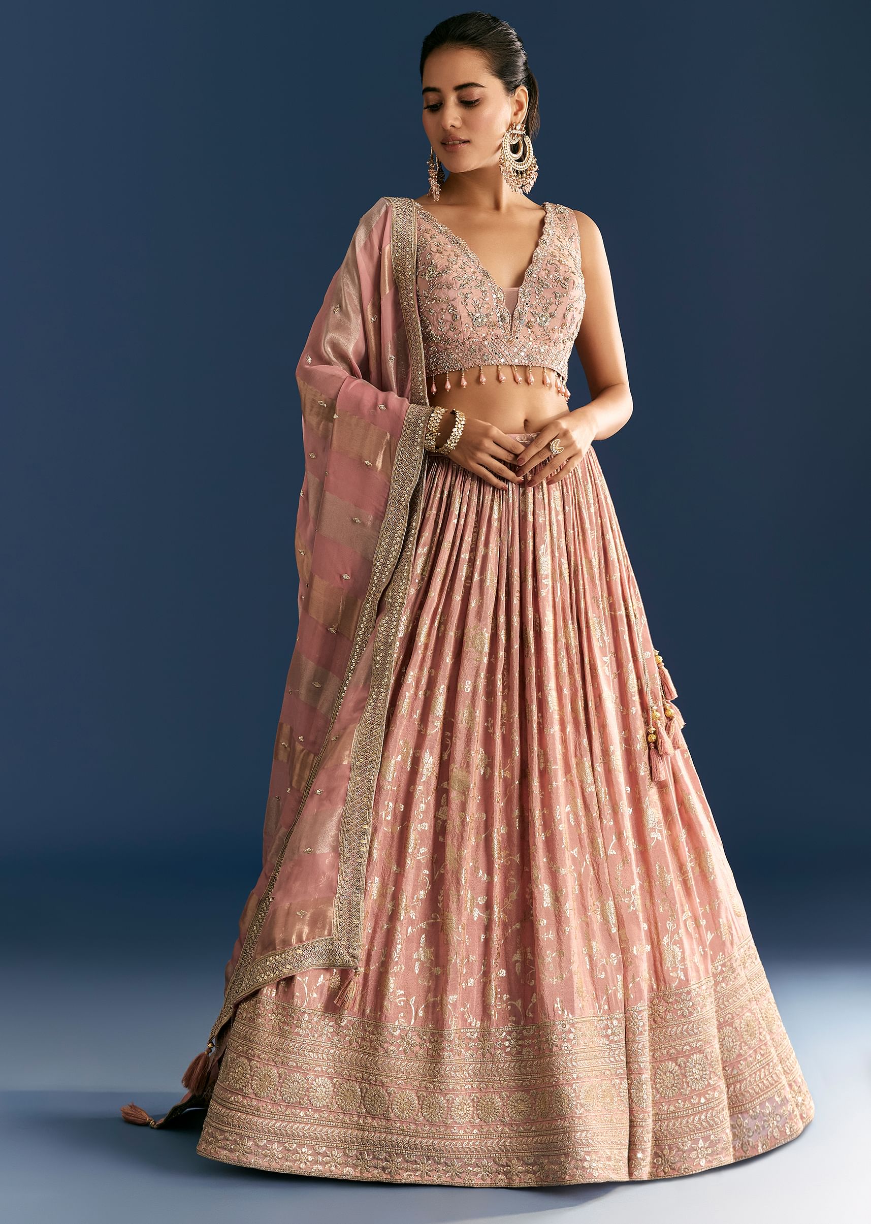 Pink Banarasi Tissue Lehenga Dupatta With Zardosi Choli