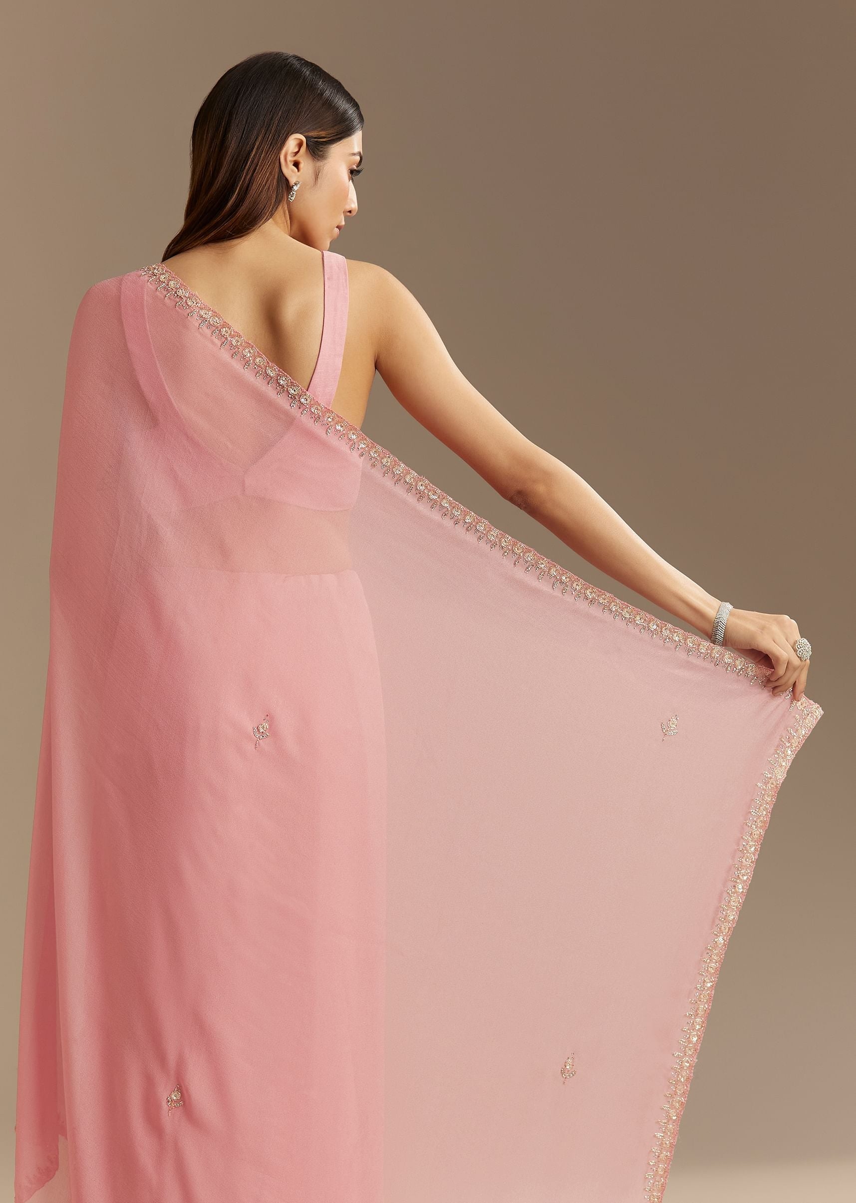 Pink Chinnon Saree With Cutdana Sequins Embroidery And Scallop Border