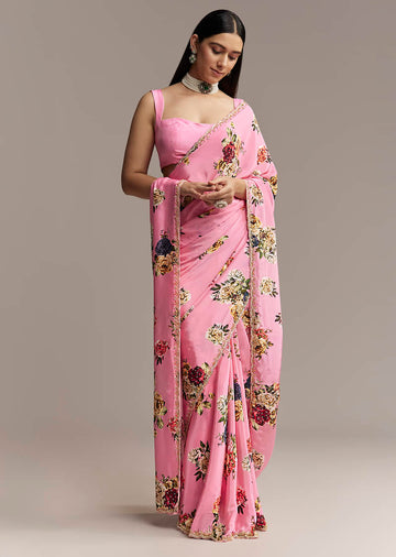 Pink Crepe Saree With Floral Digital Print And Sequin Border