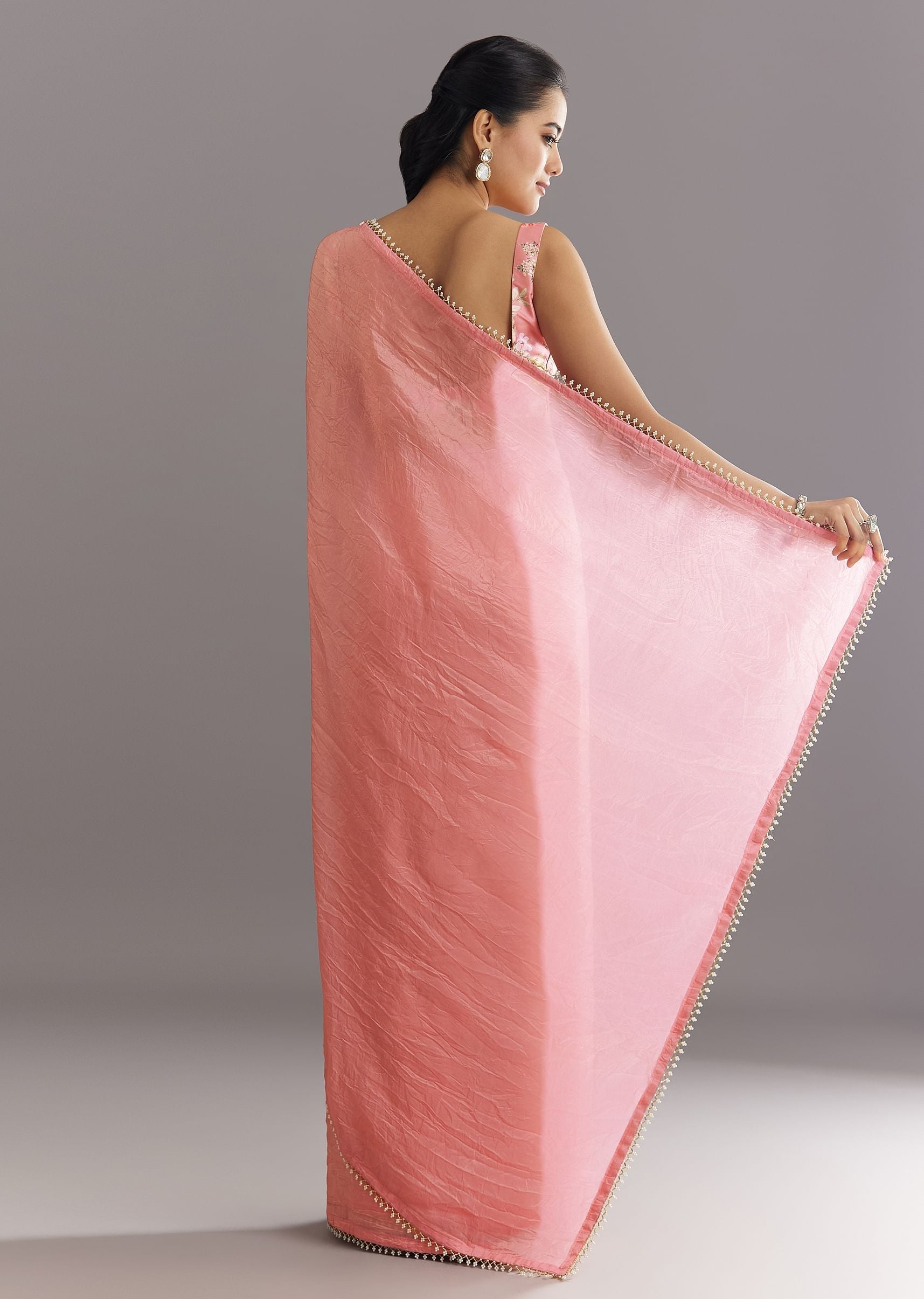 Pink Crushed Tissue Saree With Cutdana And Moti Embellished Border