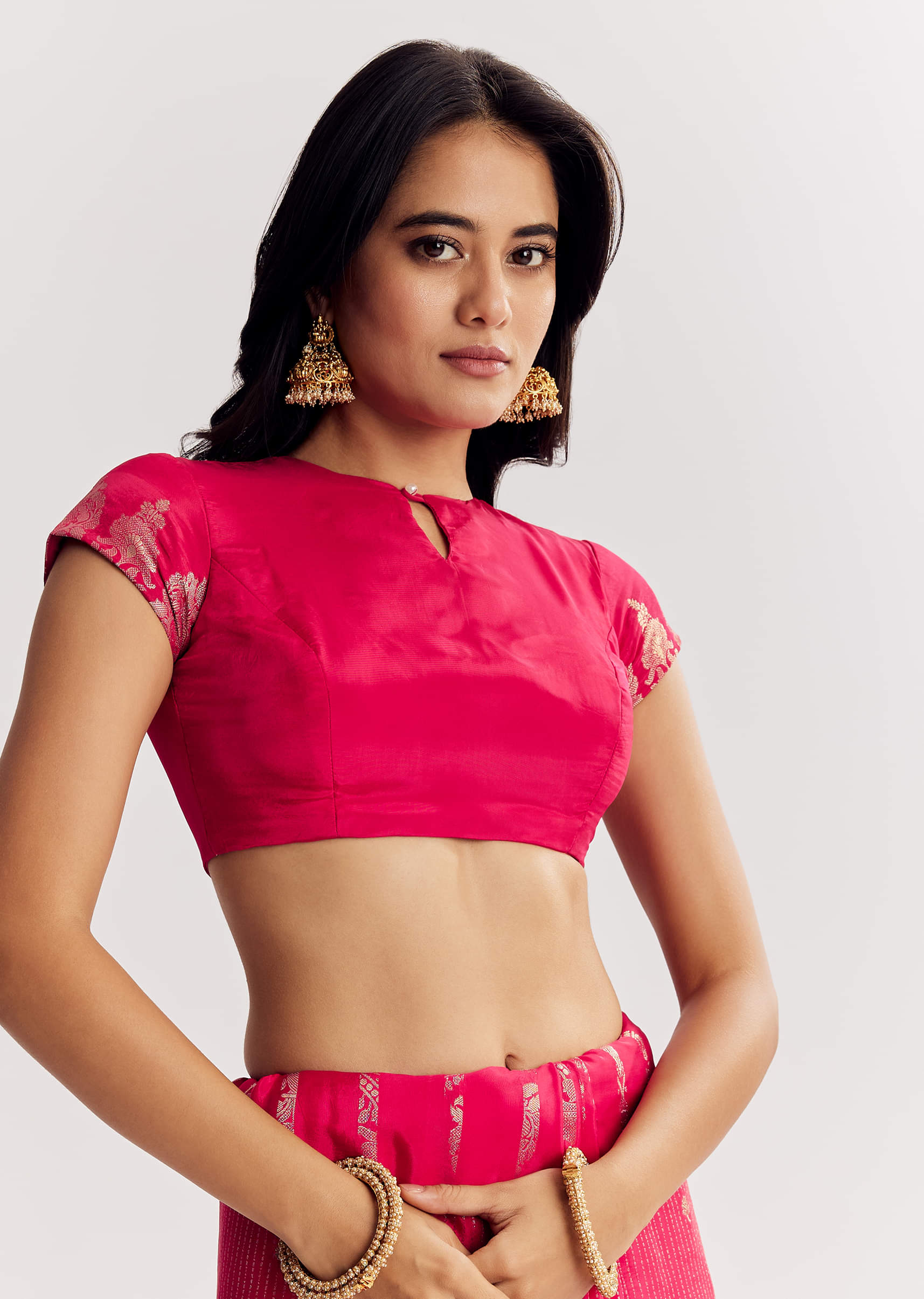 Pink Georgette Lurex Saree With Brocade Butti And Gota Patti Border