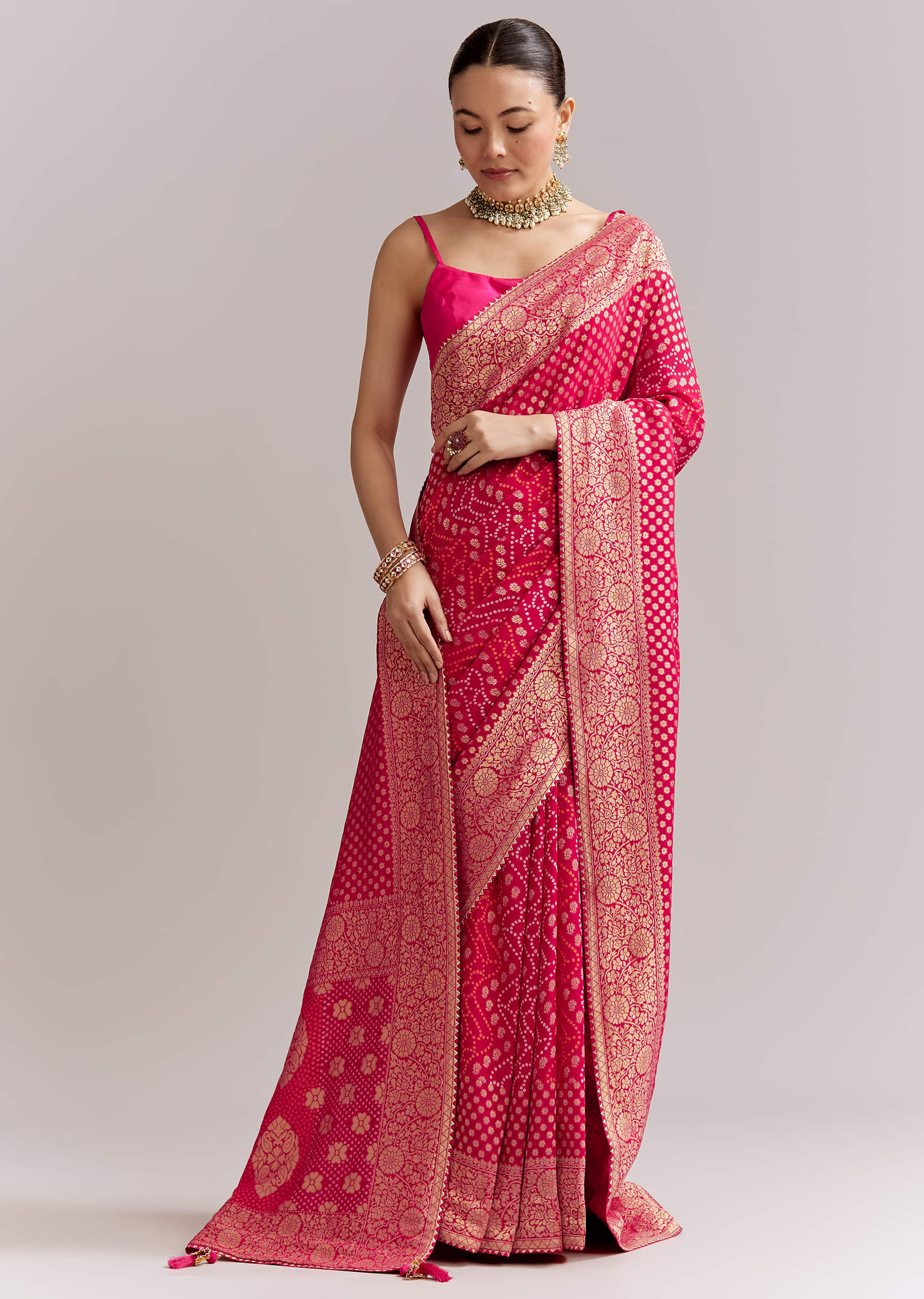 Pink Georgette Woven Saree With Floral Border And Bandhani Print