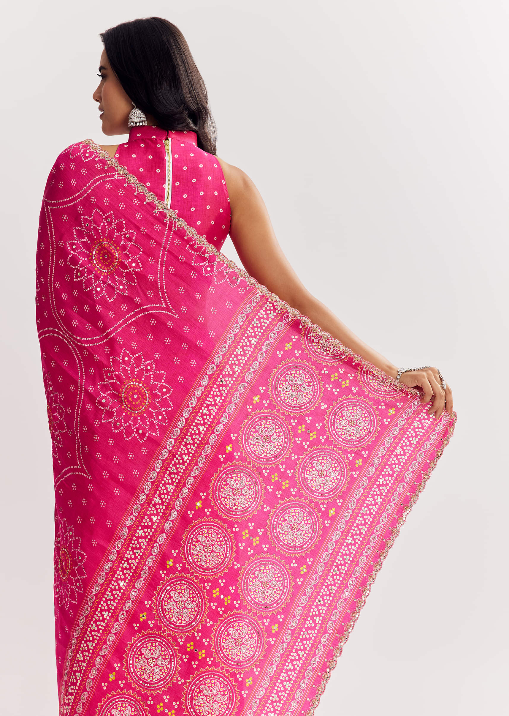 Pink Muslin Bandhani Printed Saree With Zari And Mirror Embroidery