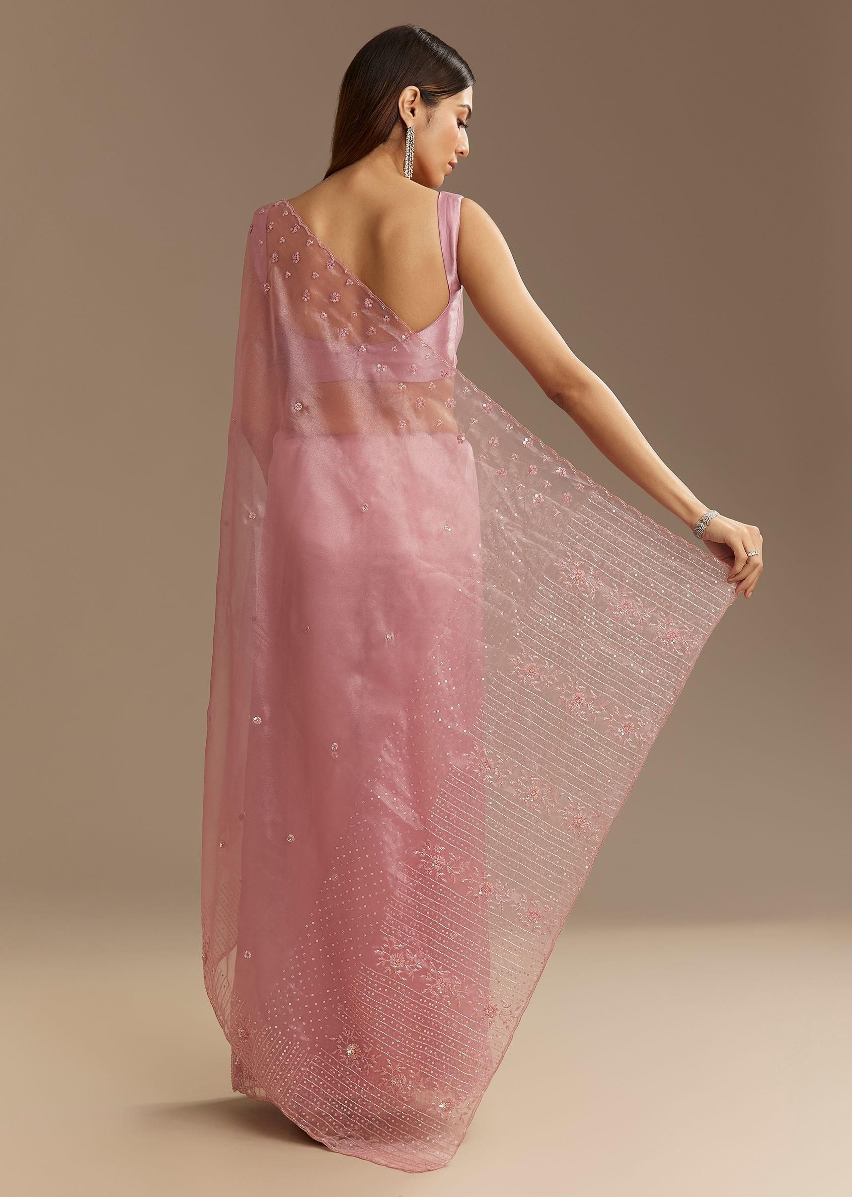 Pink Organza Sequins Saree With Scallop Border