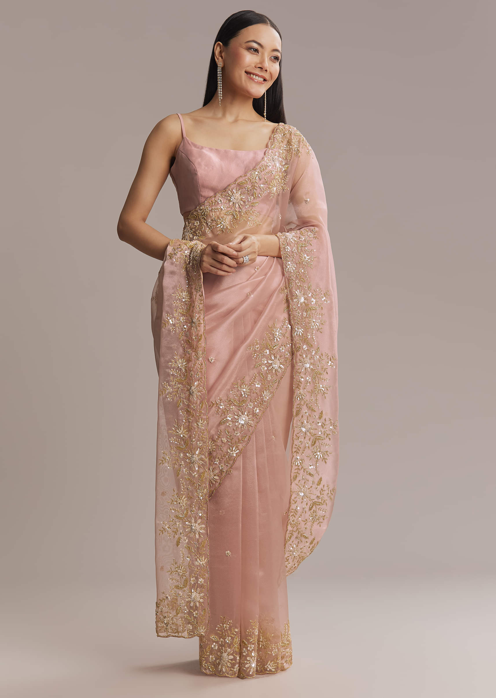 Pink Tissue Saree With Golden Sequin Embroidery