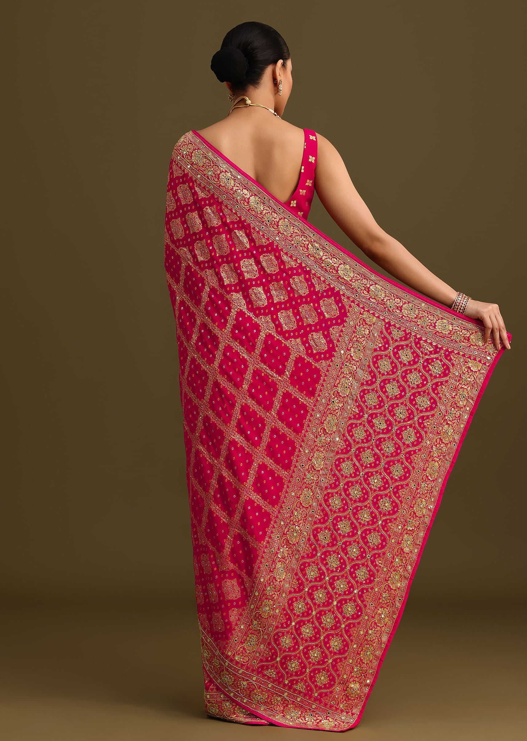 Pink Cutdana Embroidered Bandhani Weave Saree With Unstitched Blouse