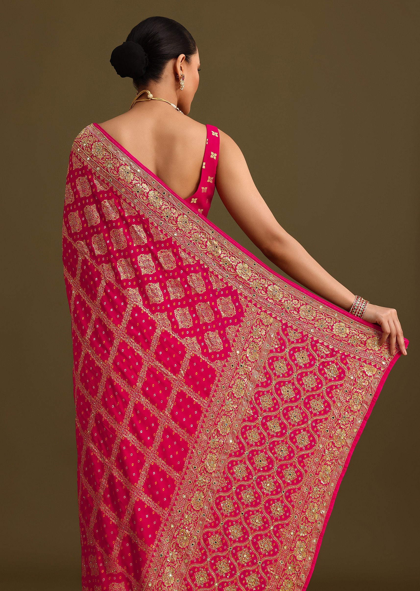 Pink Cutdana Embroidered Bandhani Weave Saree With Unstitched Blouse