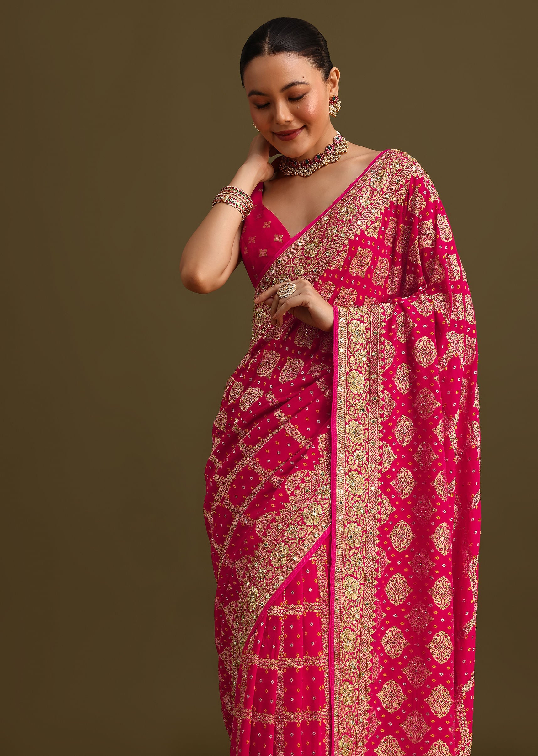 Pink Cutdana Embroidered Bandhani Weave Saree With Unstitched Blouse