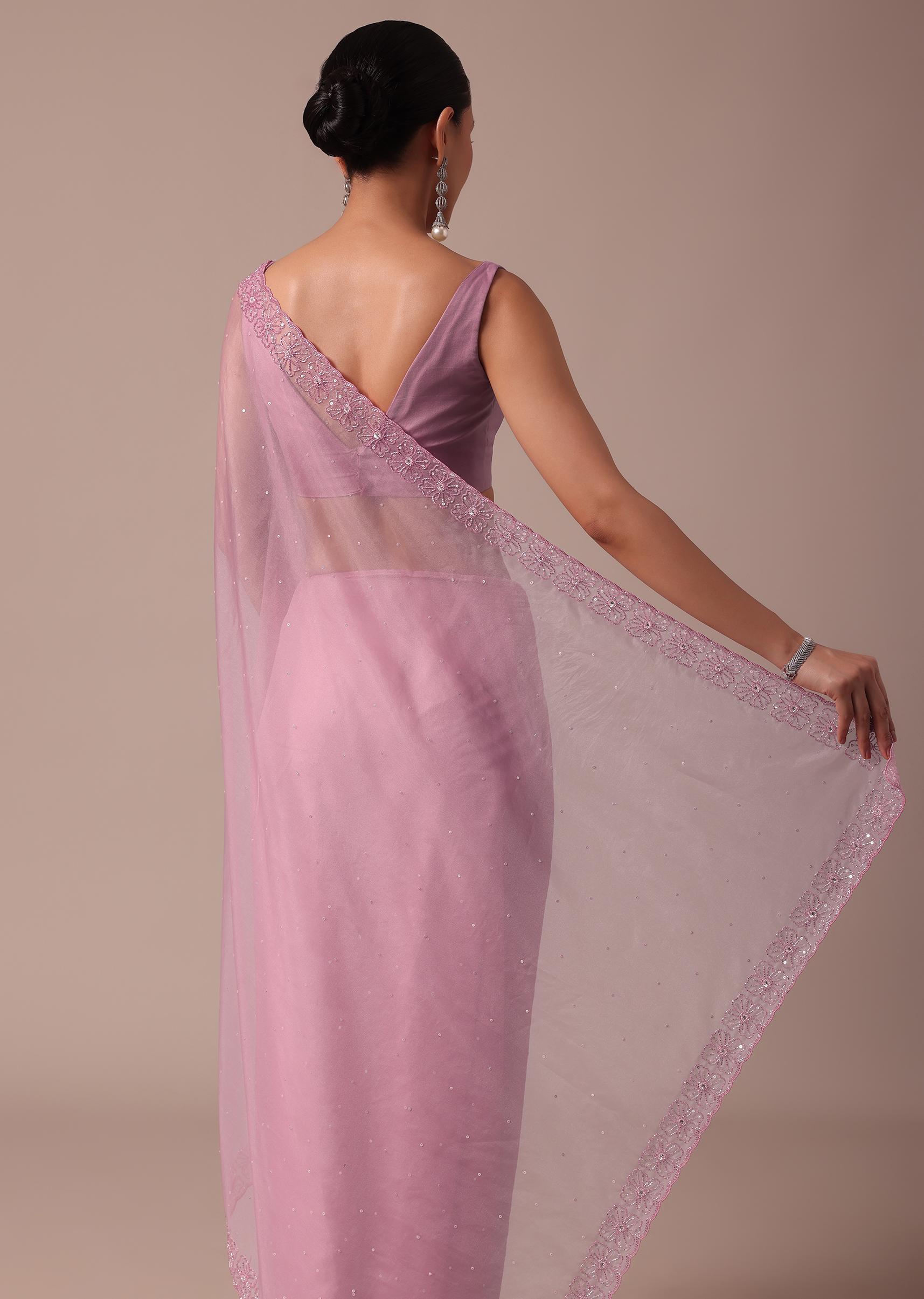 Pink Embroidered Organza Saree With Unstitched Blouse