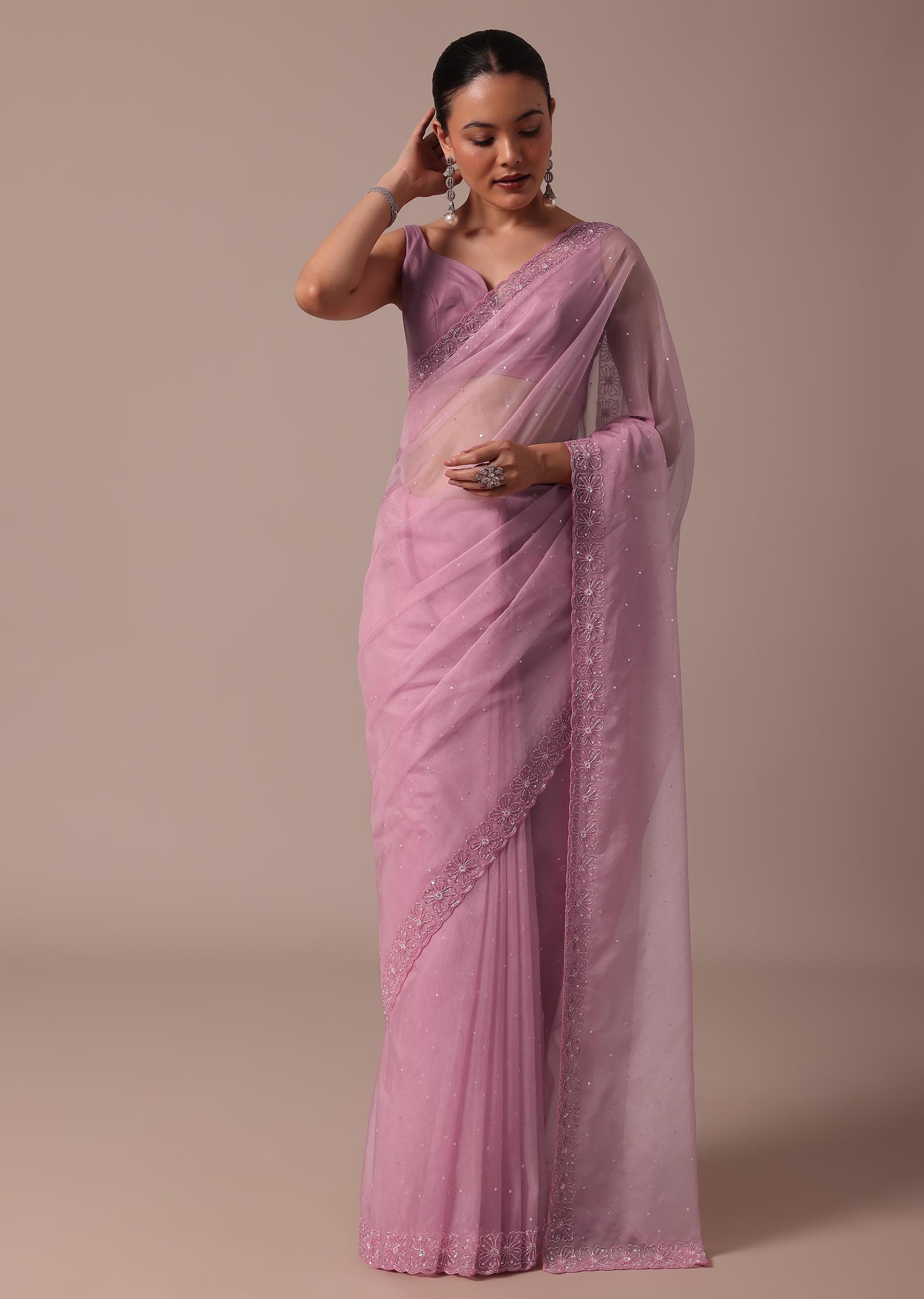 Pink Embroidered Organza Saree With Unstitched Blouse