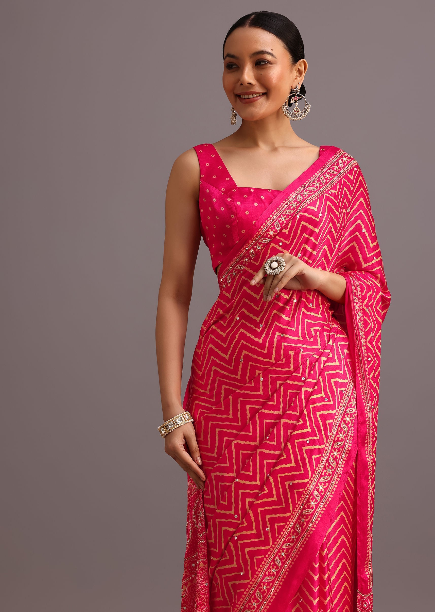 Pink Embroidered Satin Ajrakh Block Print Saree With Mirror Work