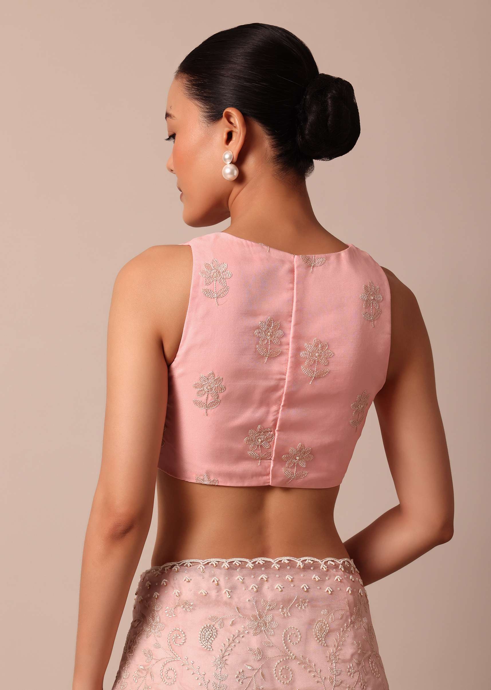 Pink Saree In Organza Silk With Chikankari Floral Work And Unstitched Blouse Fabric