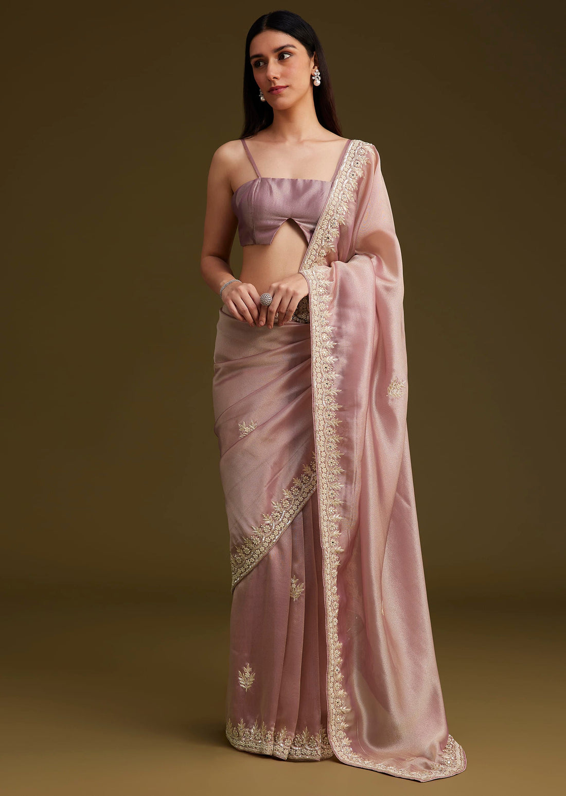 Pink Tissue Saree With Mirror And Sequins Embroidery