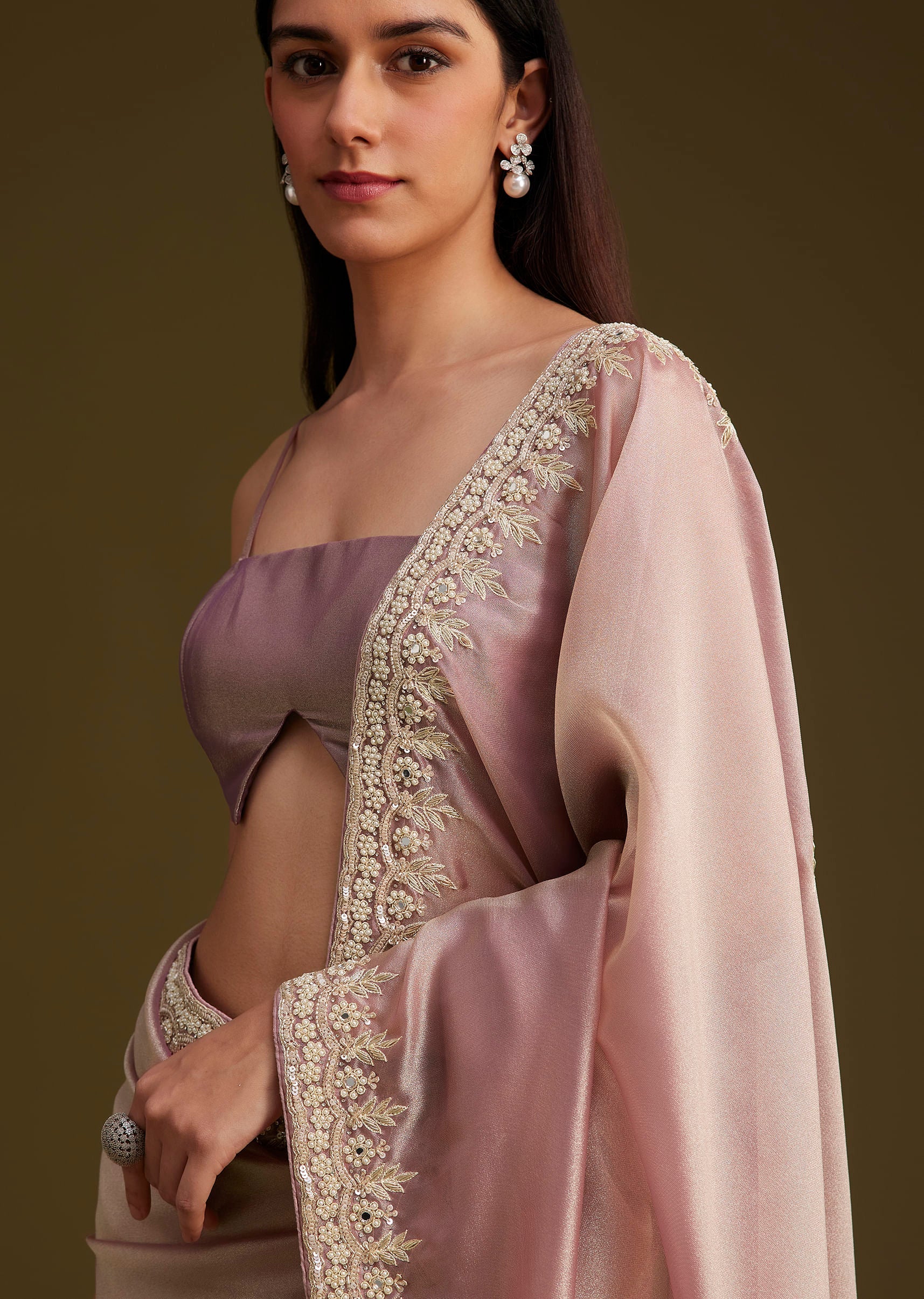 Pink Tissue Saree With Mirror And Sequins Embroidery