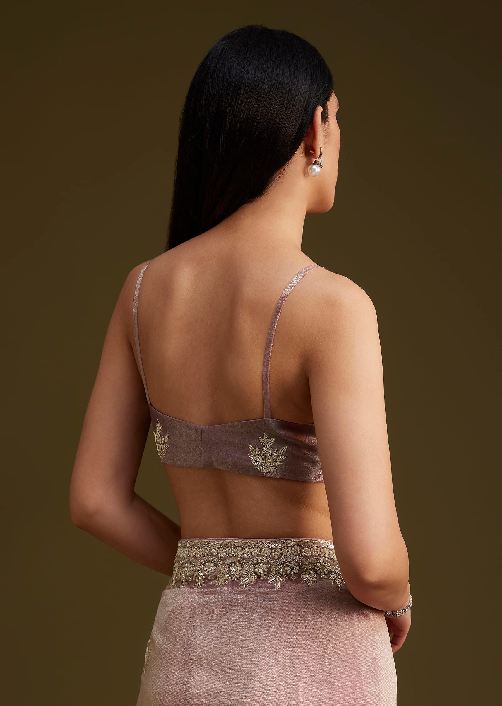 Pink Tissue Saree With Mirror And Sequins Embroidery