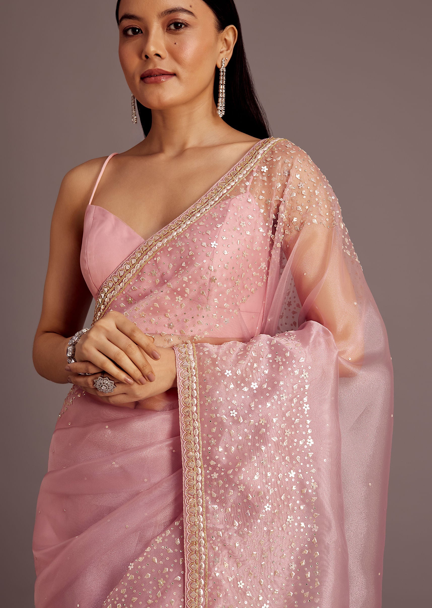 Pink Tissue Saree With Sequins Embellished Border
