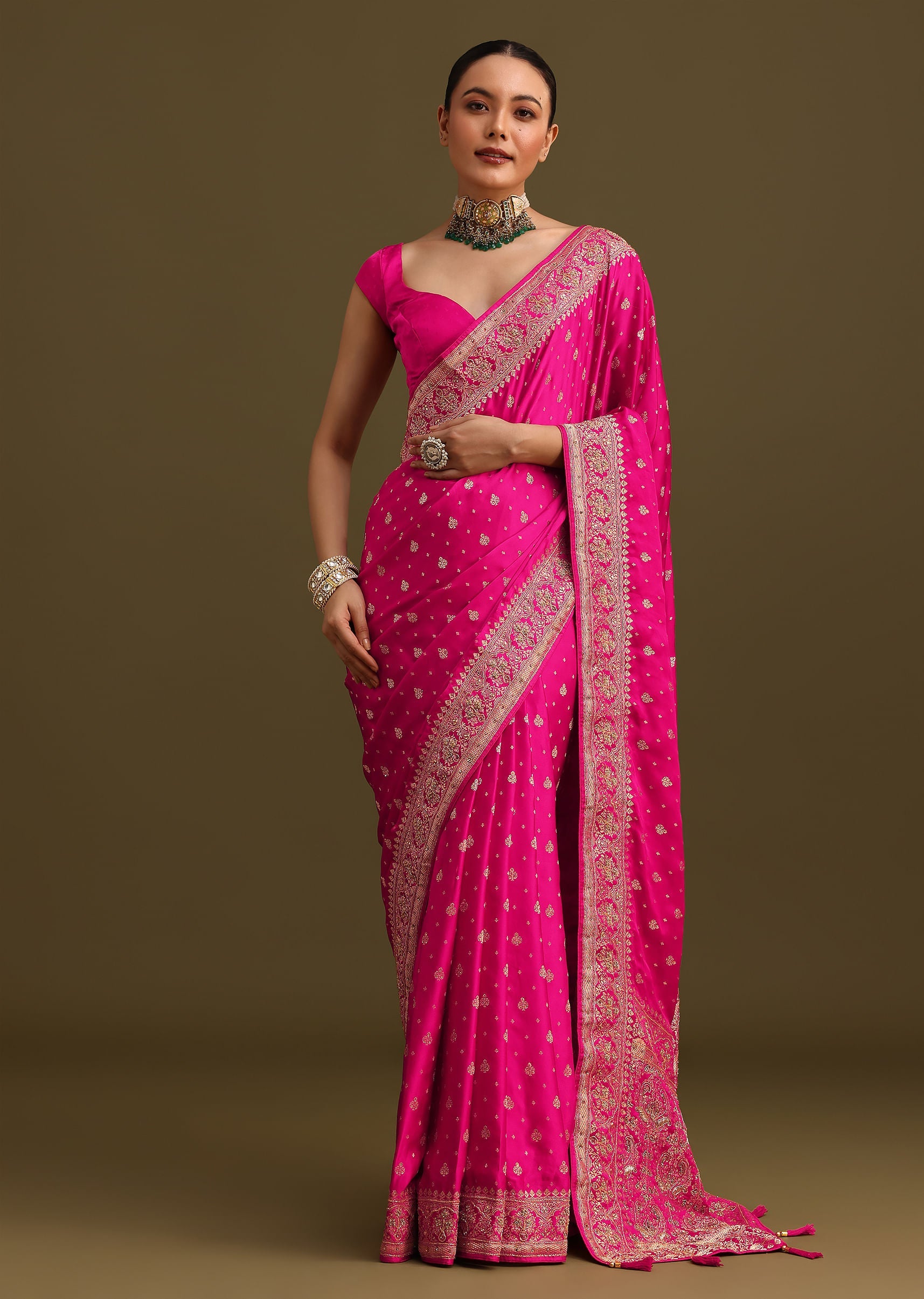 Rani Pink Zardosi Embroidered Saree With Unstitched Blouse