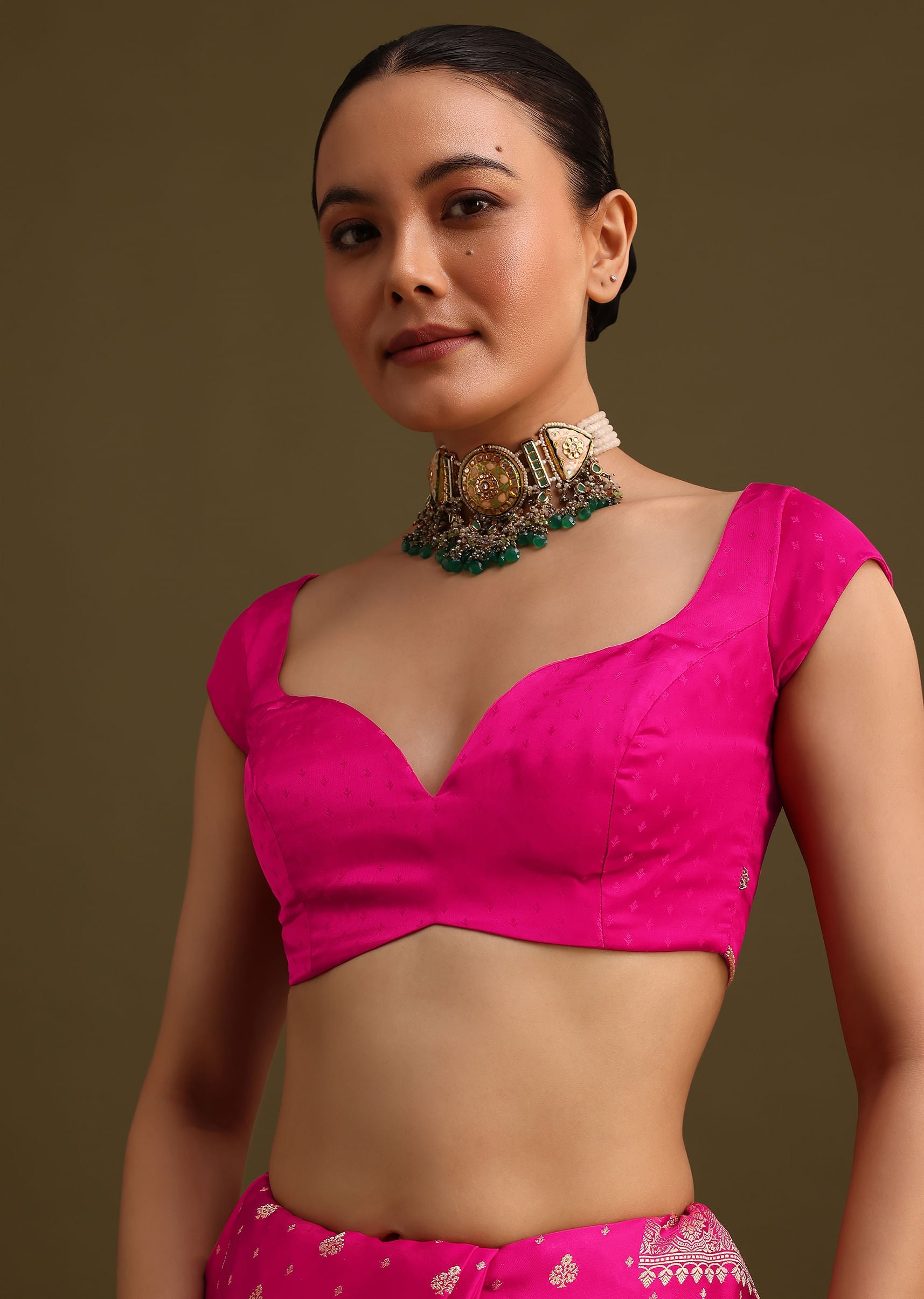 Rani Pink Zardosi Embroidered Saree With Unstitched Blouse