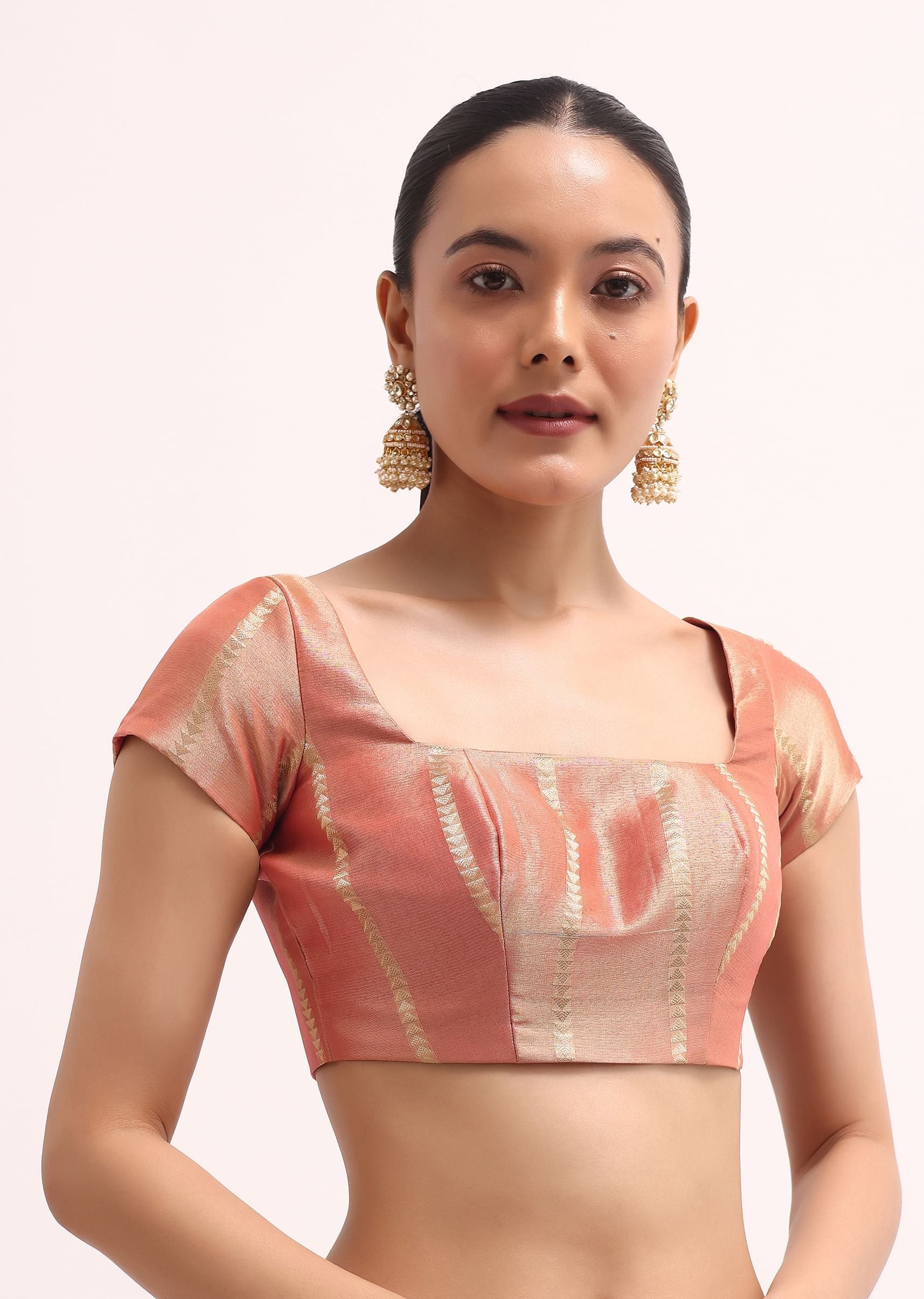 Pinkish Gold Zari Chanderi Silk Saree With Unstitched Border