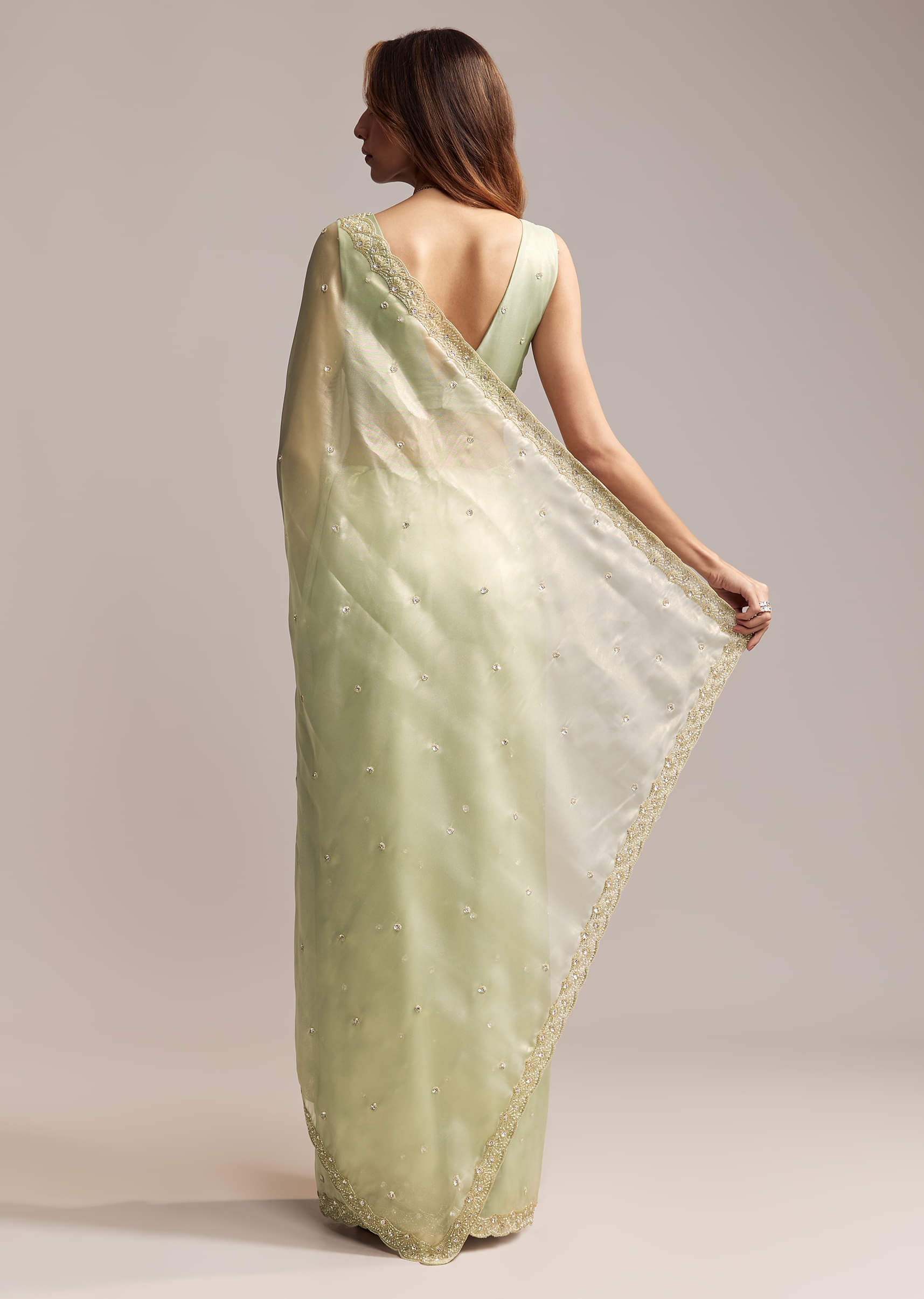 Pista Green Tissue Saree With Butti Work Embroidery