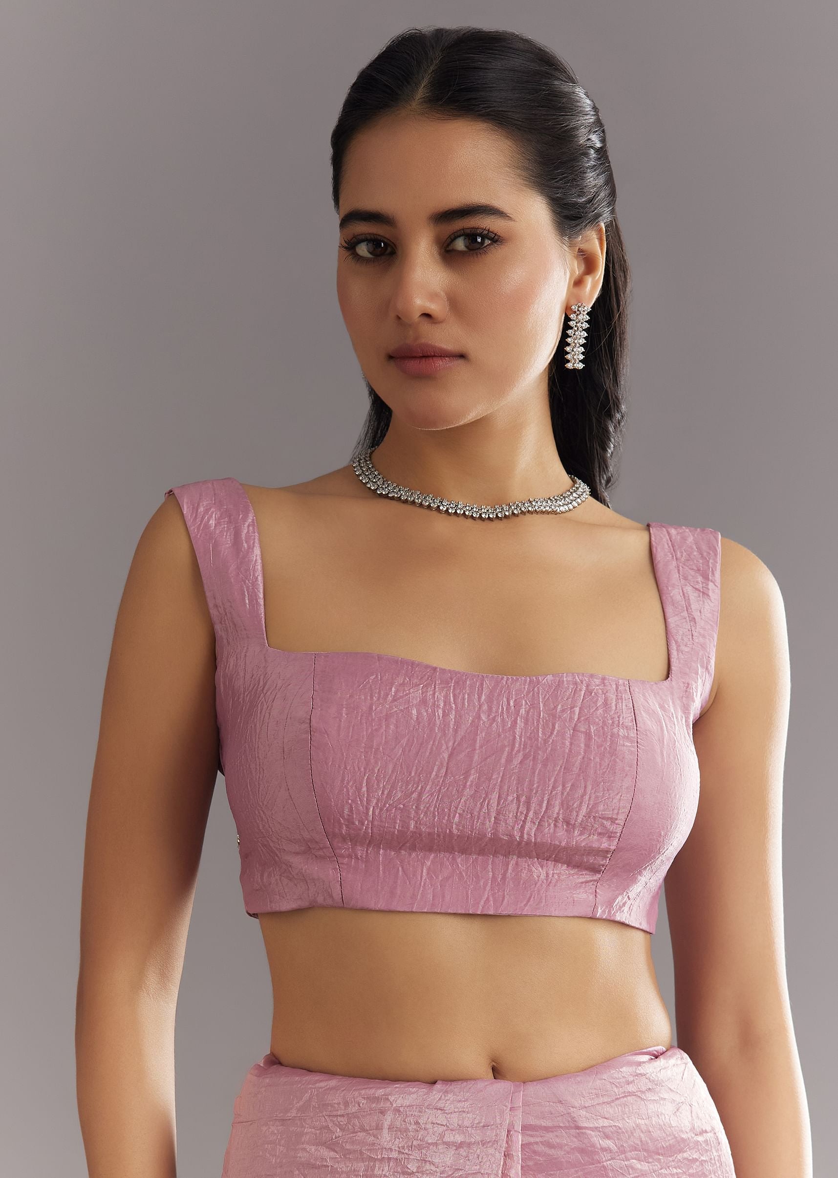 Purple Crushed Tissue Saree With Stone Embellishment And Embroidered Border