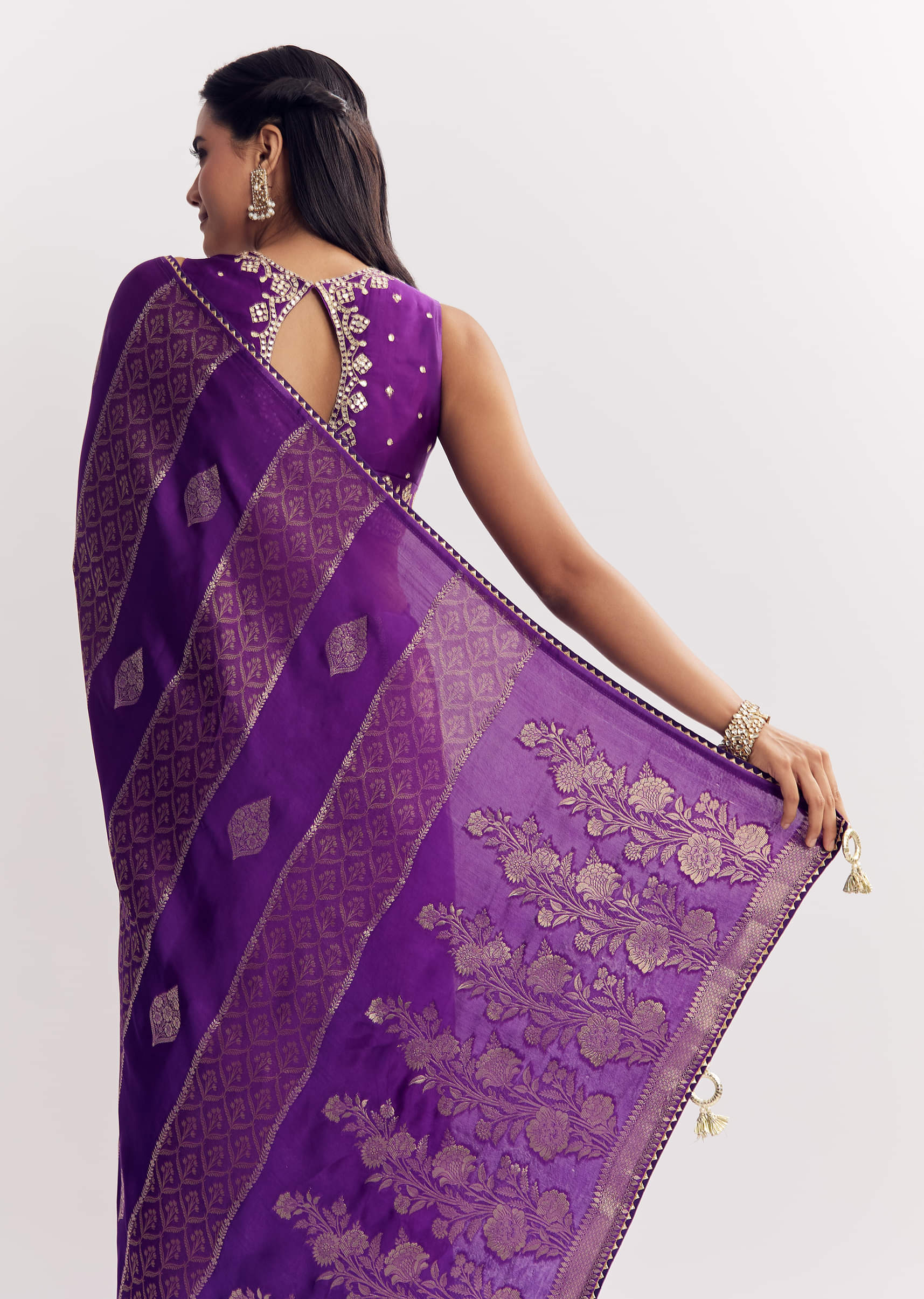 Purple Dola Silk Saree With Gota Patti Motif And Embroidered Blouse