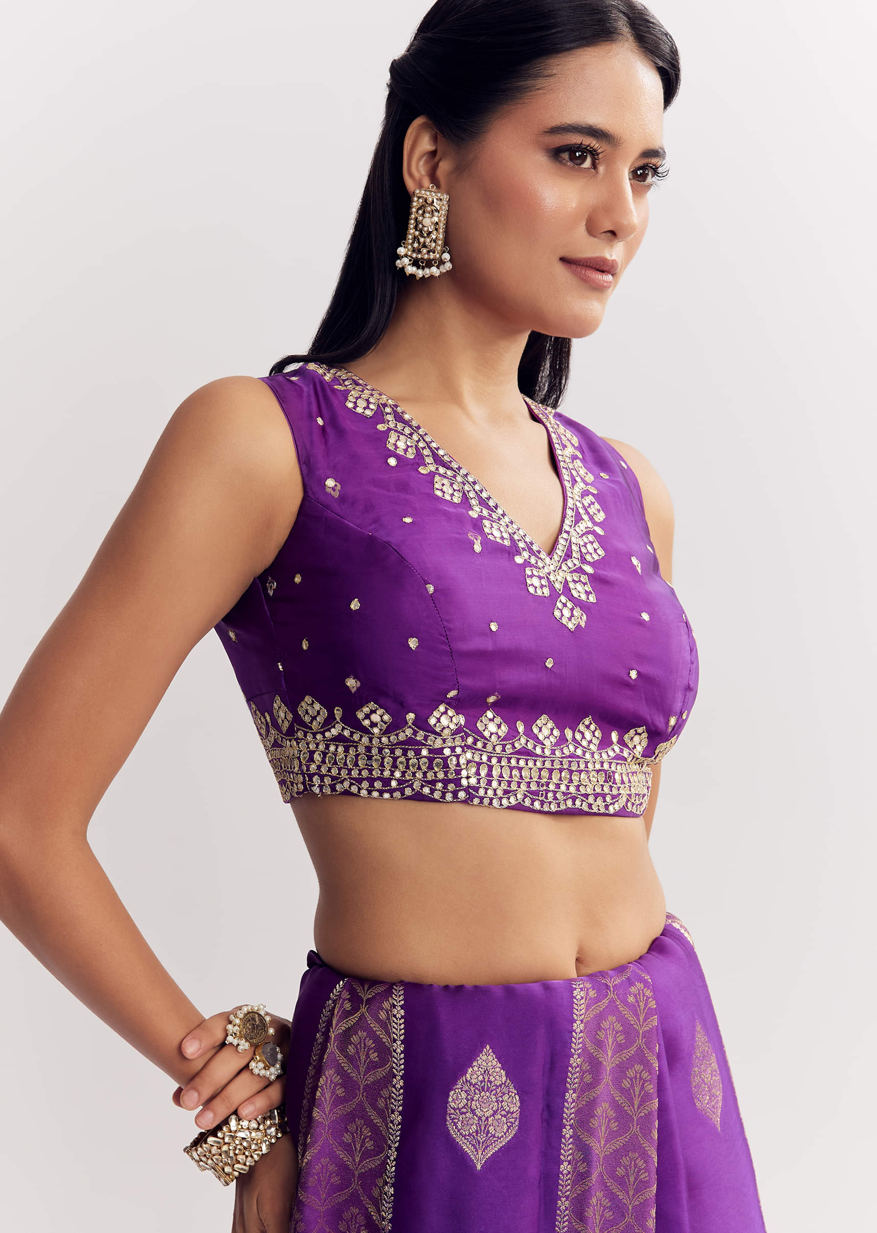 Purple Dola Silk Saree With Gota Patti Motif And Embroidered Blouse