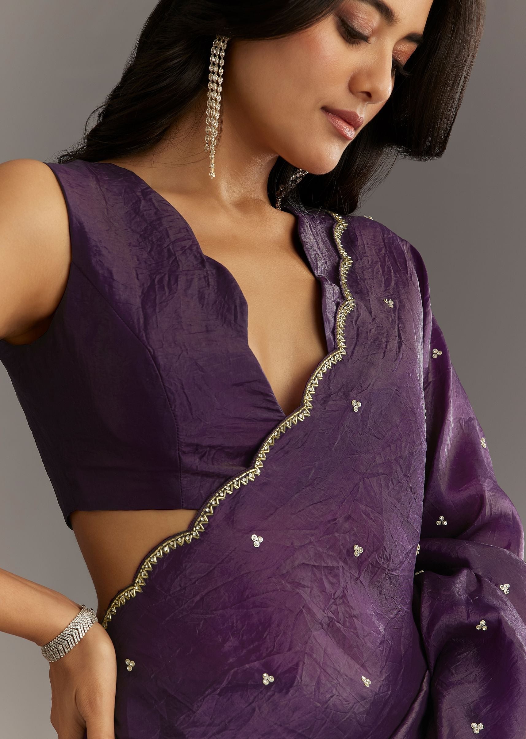 Purple Embroidered Crushed Tissue Saree With Cutdana And Sequins