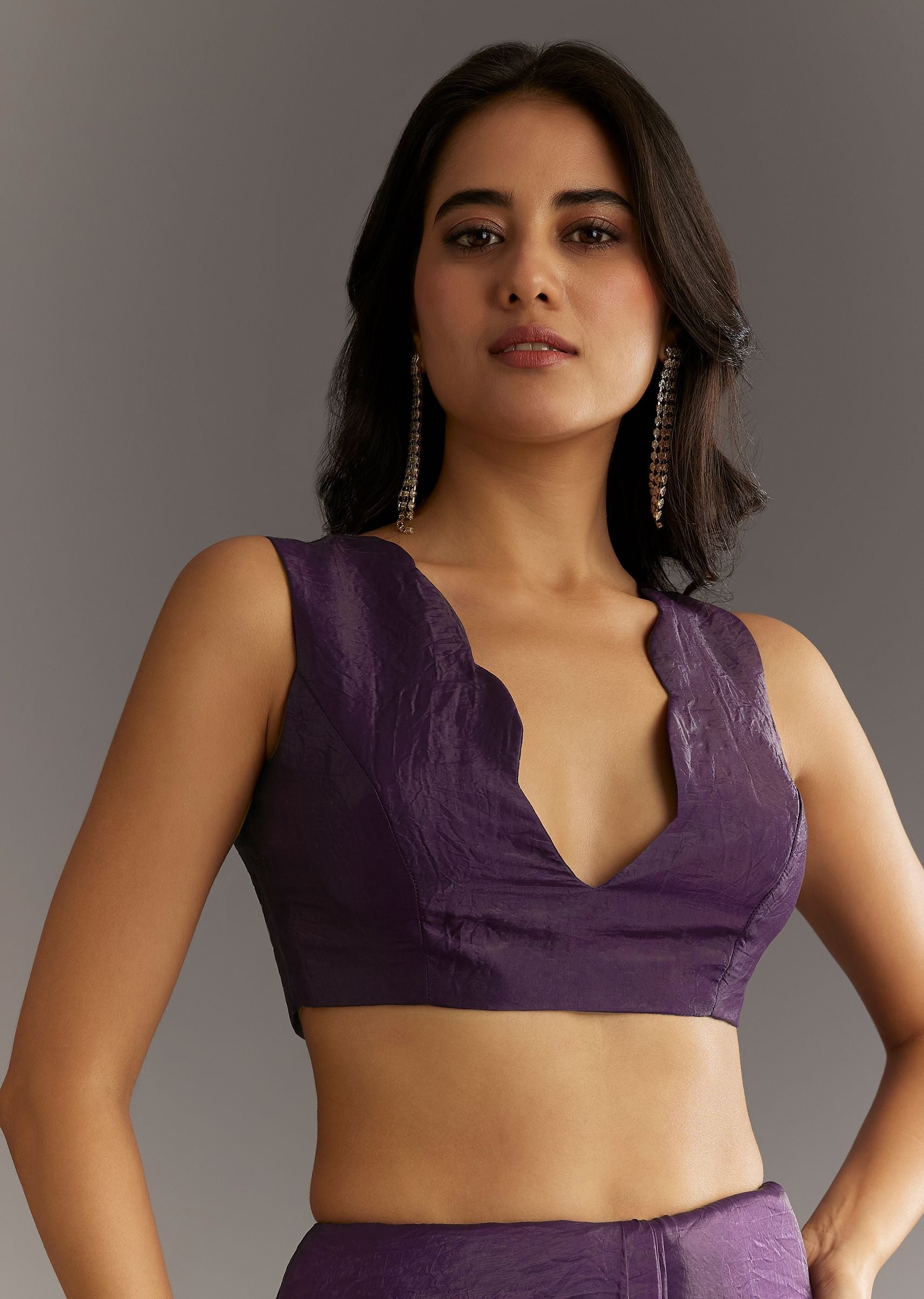 Purple Embroidered Crushed Tissue Saree With Cutdana And Sequins