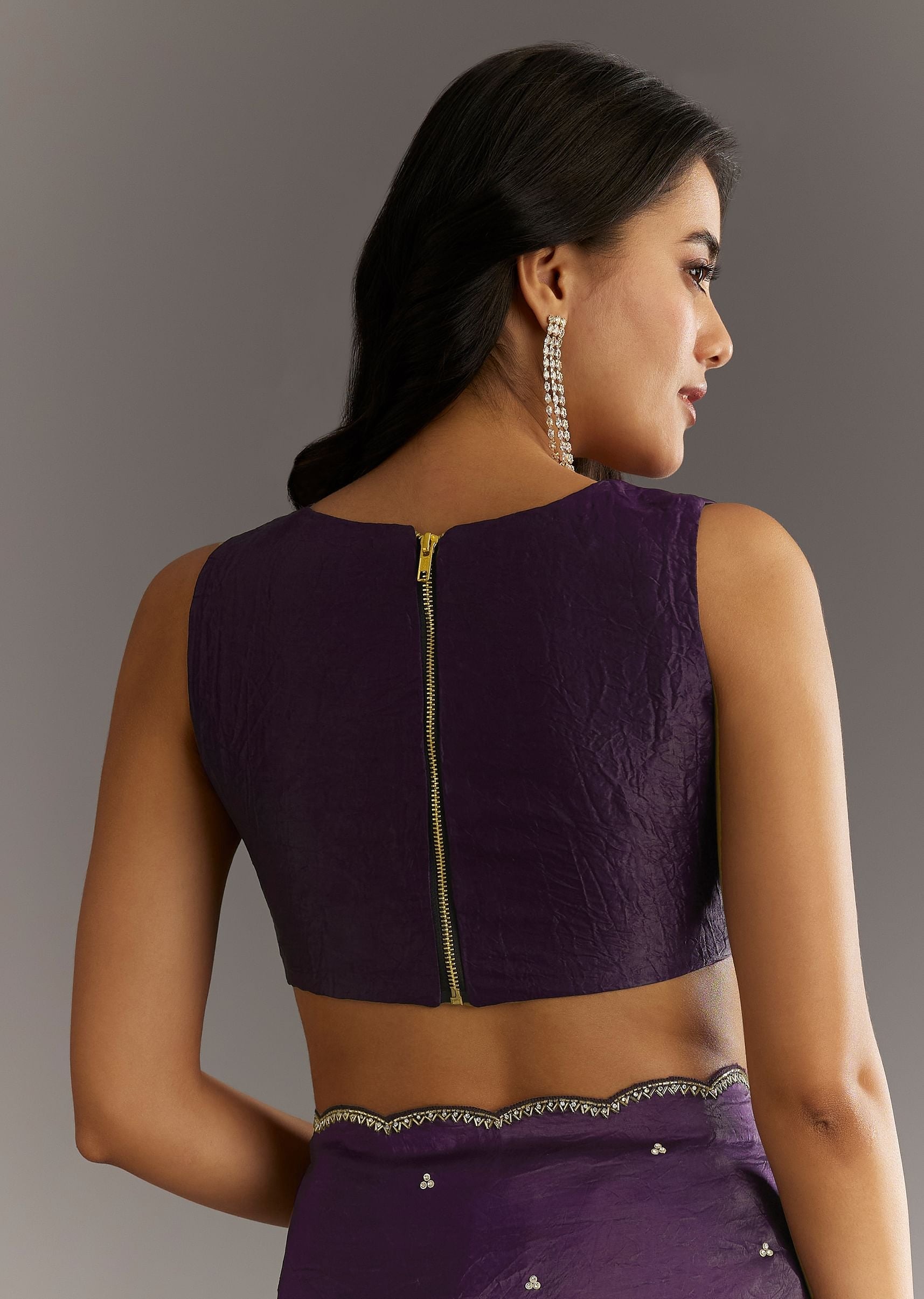 Purple Embroidered Crushed Tissue Saree With Cutdana And Sequins