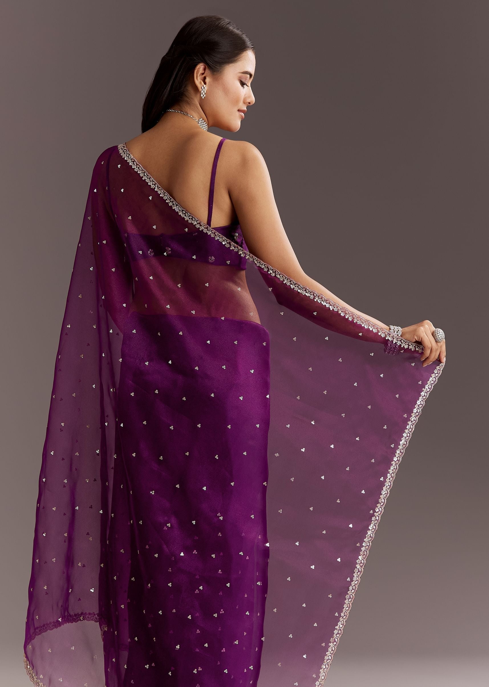 Purple Glass Tissue Saree With Cutdana And Sequins Scallop Border