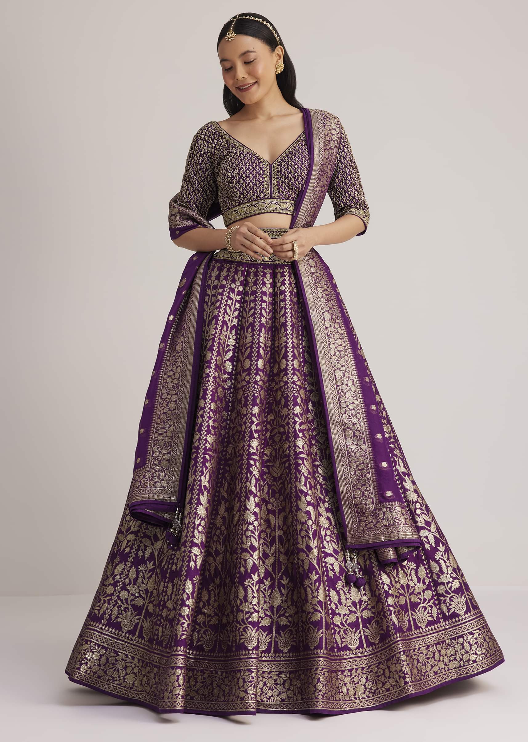 Purple Brocade Embroidered Lehenga Set