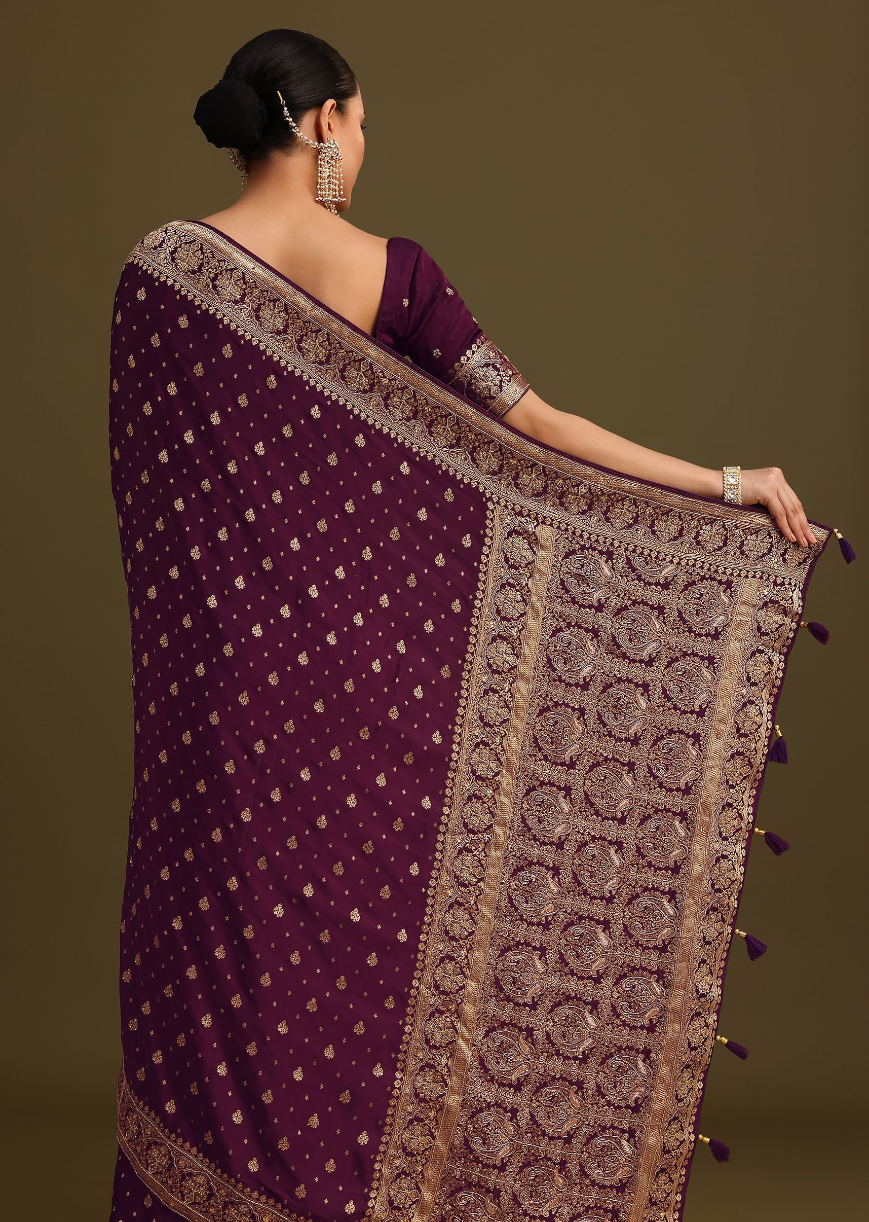 Purple Embroidered Saree With Zardosi Work And Unstitched Blouse