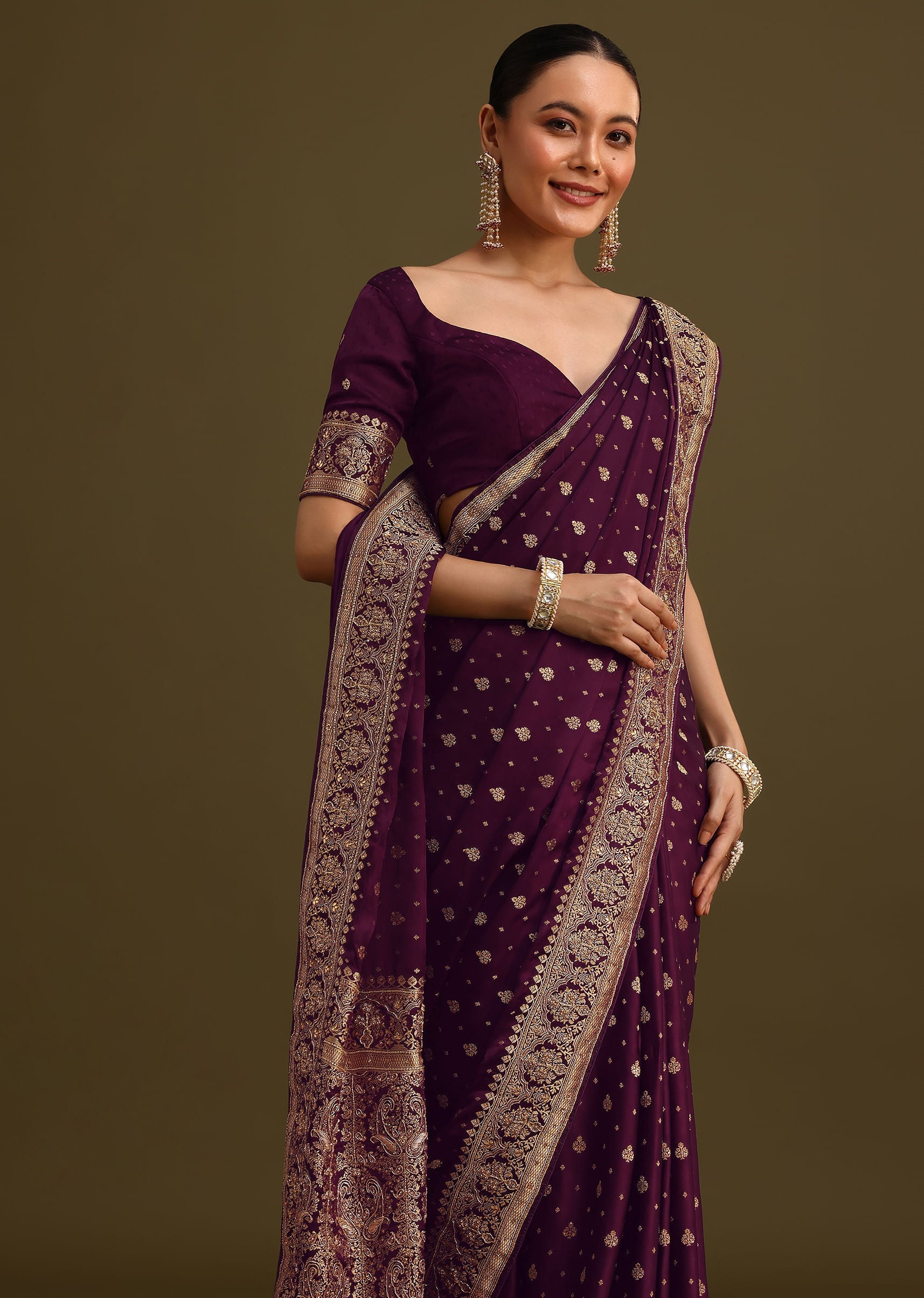 Purple Embroidered Saree With Zardosi Work And Unstitched Blouse