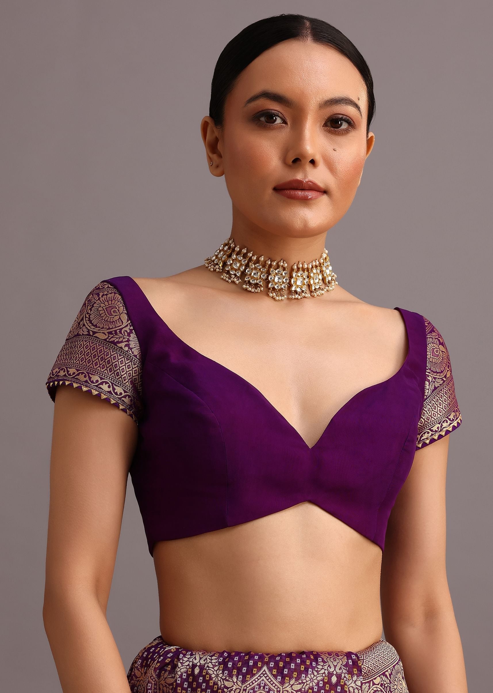 Purple Khaddi Georgette Woven Saree In Bandhani Detail With Gotta Patti Border