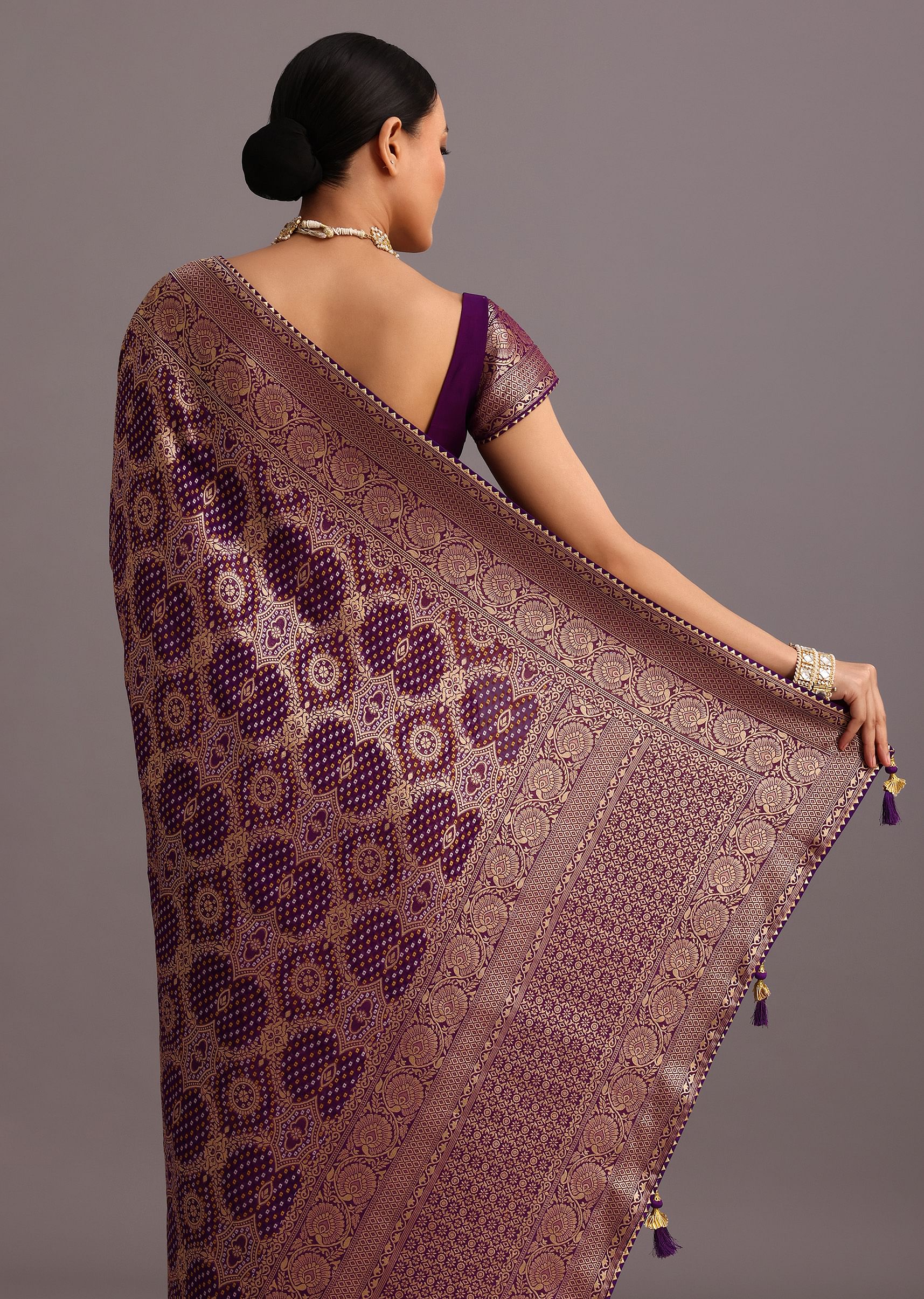 Purple Khaddi Georgette Woven Saree In Bandhani Detail With Gotta Patti Border