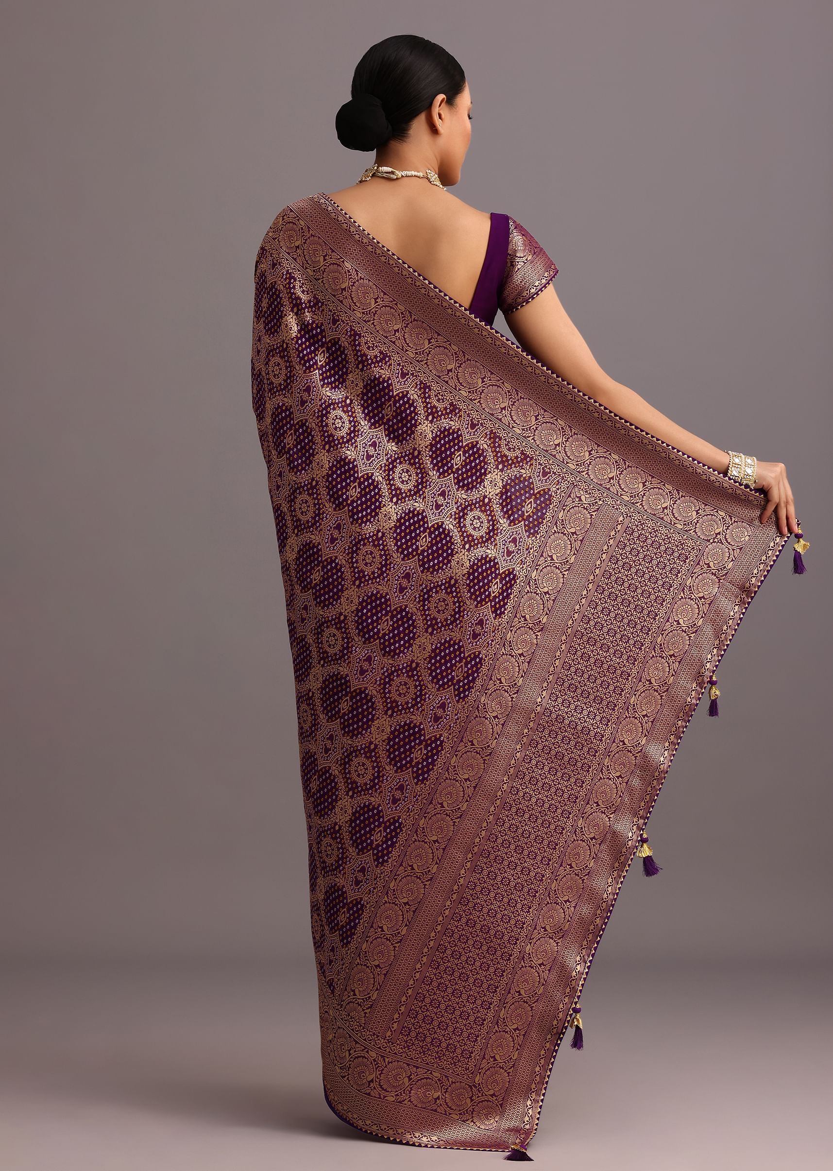Purple Khaddi Georgette Woven Saree In Bandhani Detail With Gotta Patti Border