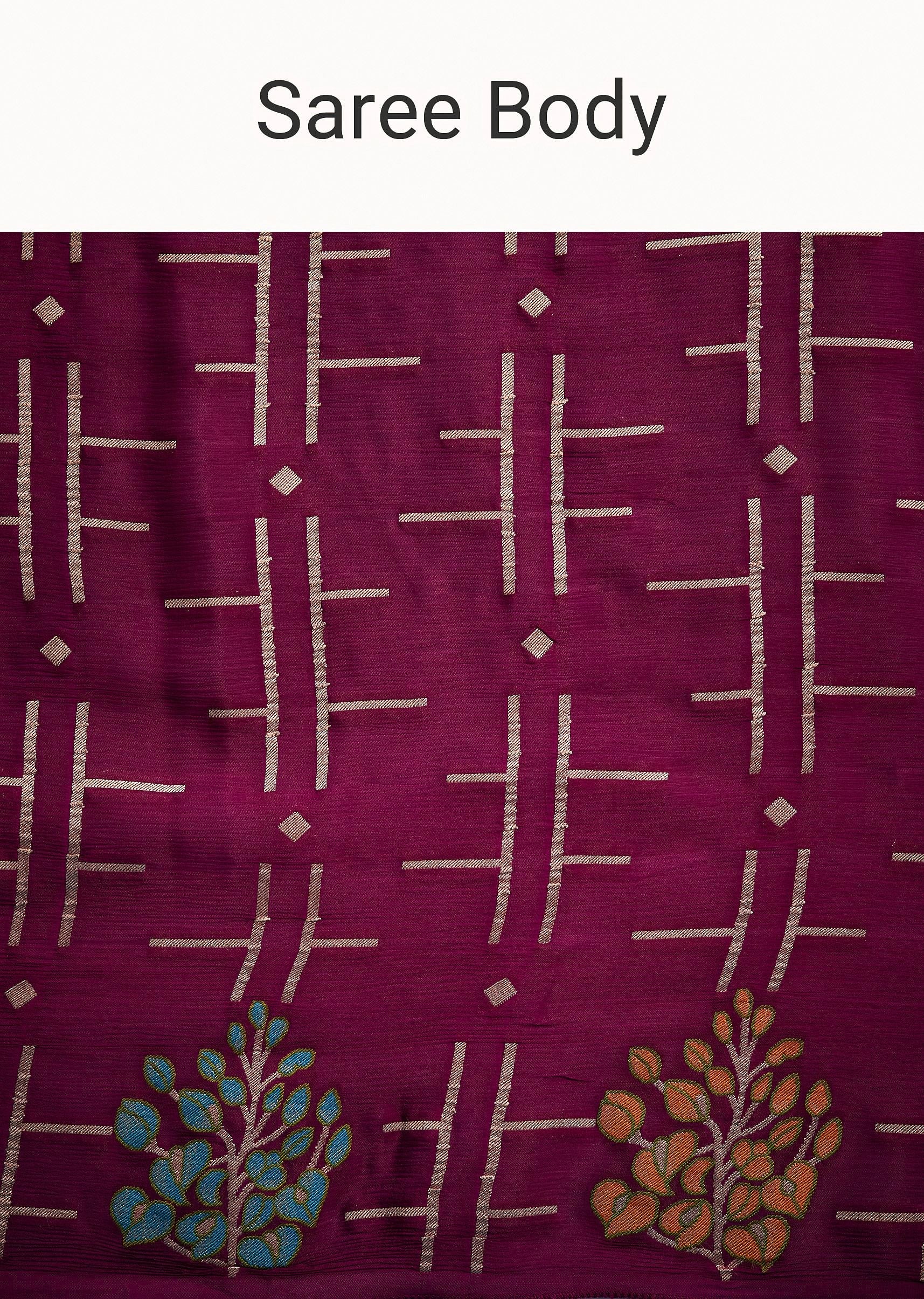 Purple Leaf woven Saree With Linear Pattern Accents