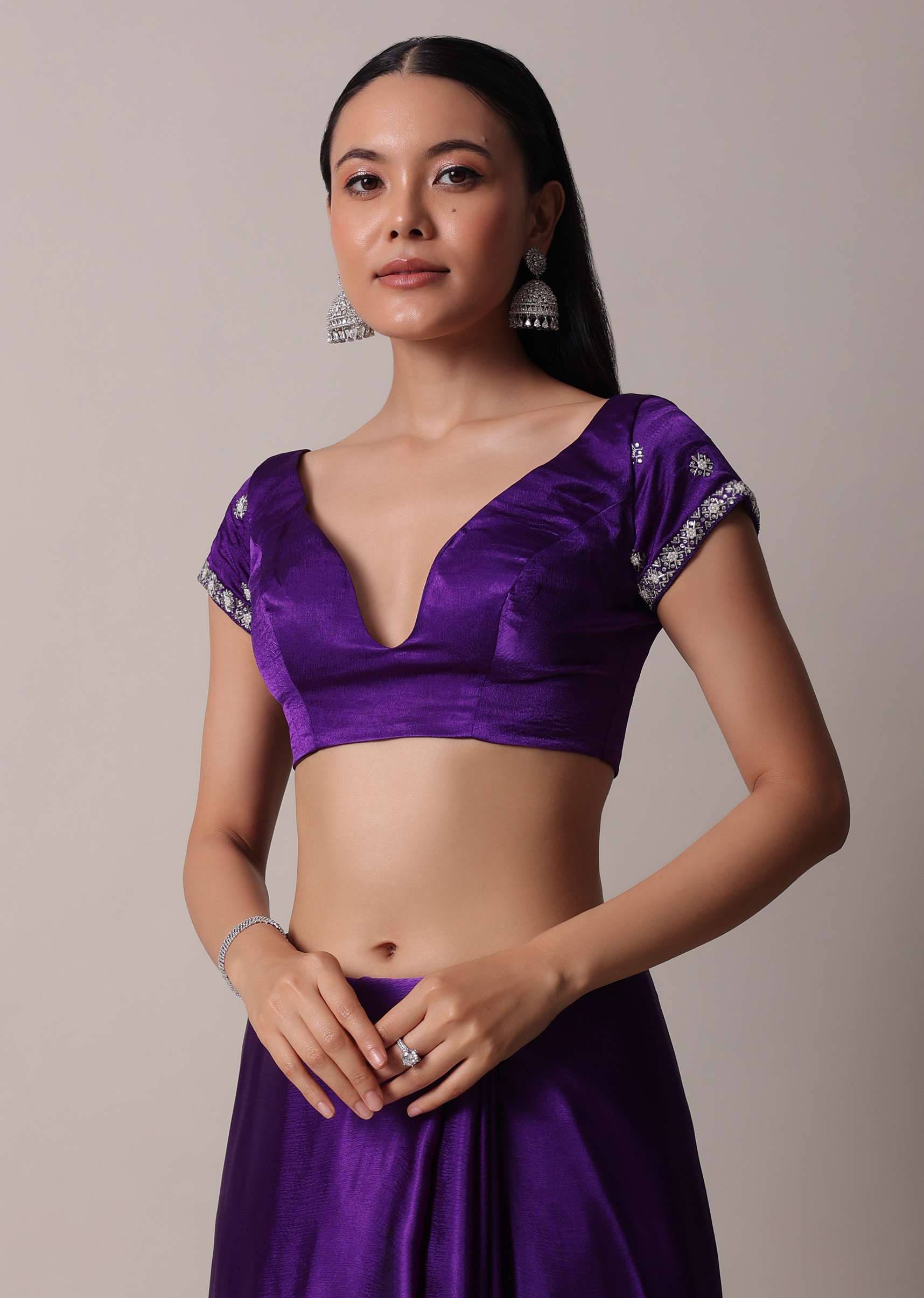 Purple Satin Chinon Saree With Stone Embellishments And Unstitched Blouse Piece