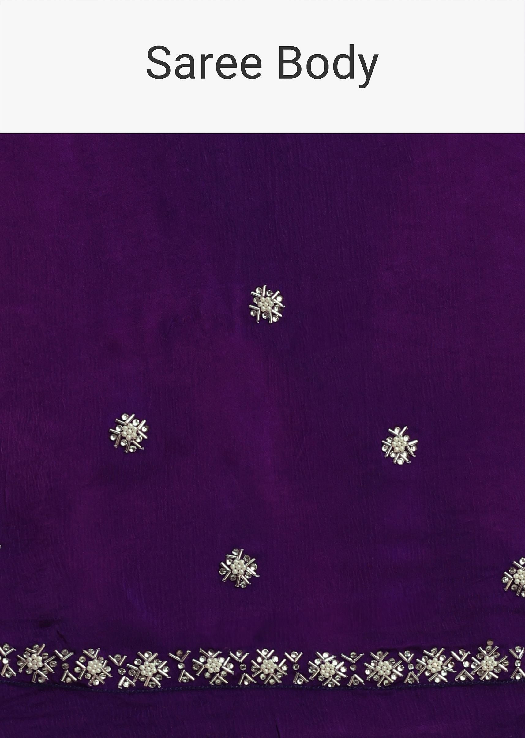 Purple Satin Chinon Saree With Stone Embellishments And Unstitched Blouse Piece
