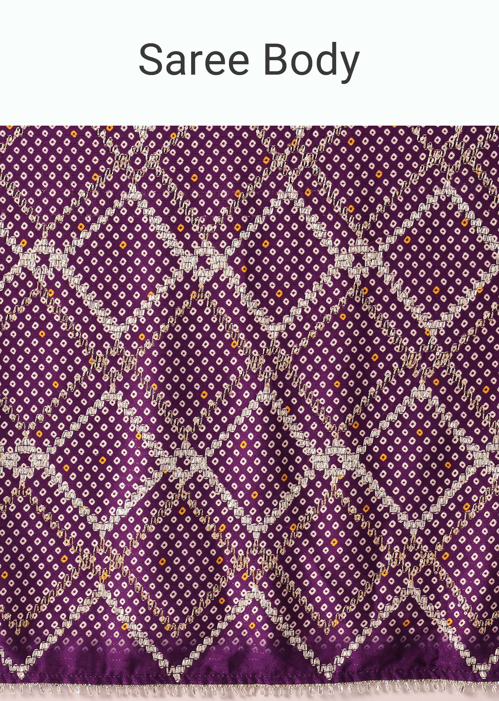 Purple Silk Bandhani Print Saree With Gota Embroidery And Unstitched Blouse Piece