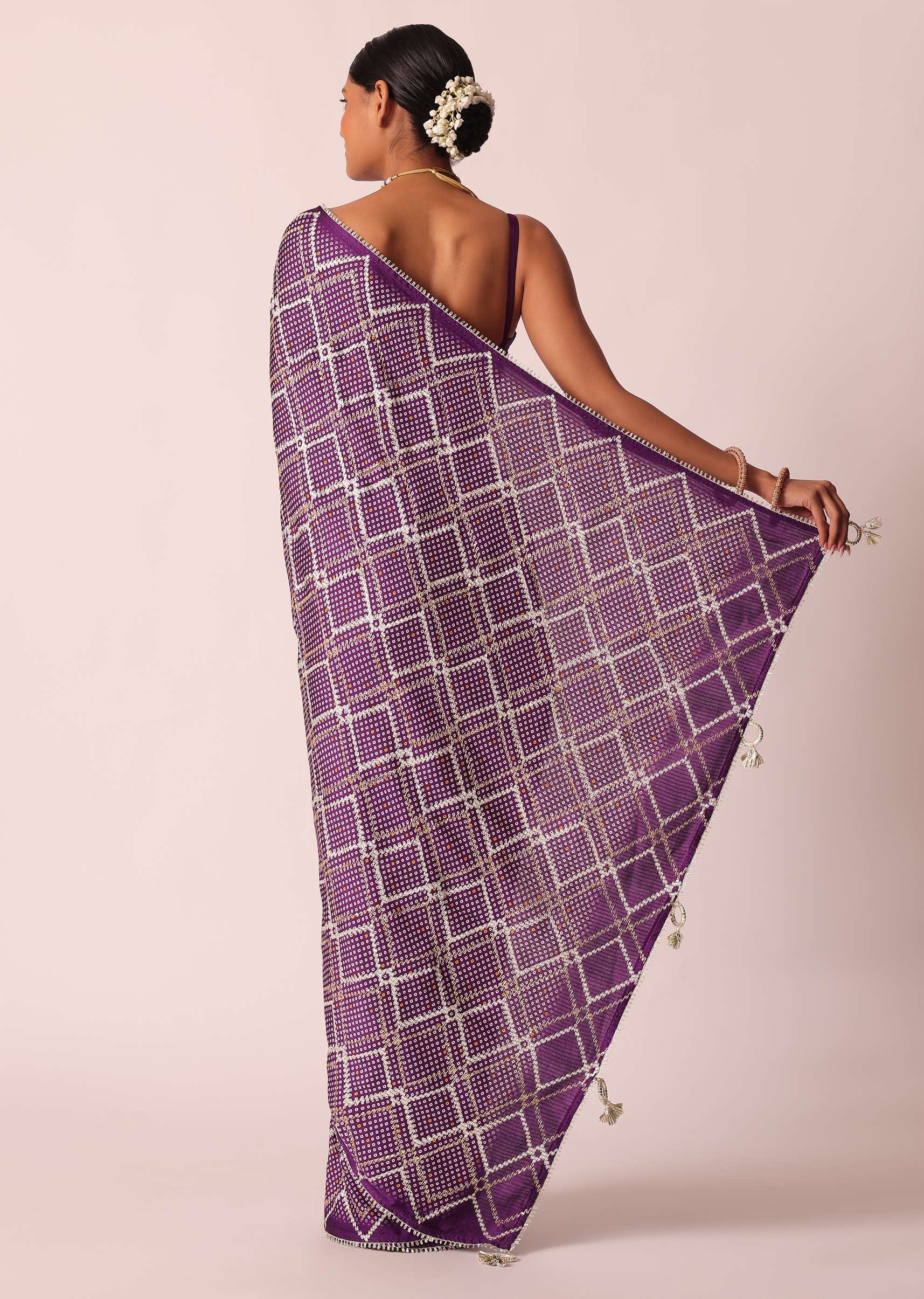 Purple Silk Bandhani Print Saree With Gota Embroidery And Unstitched Blouse Piece