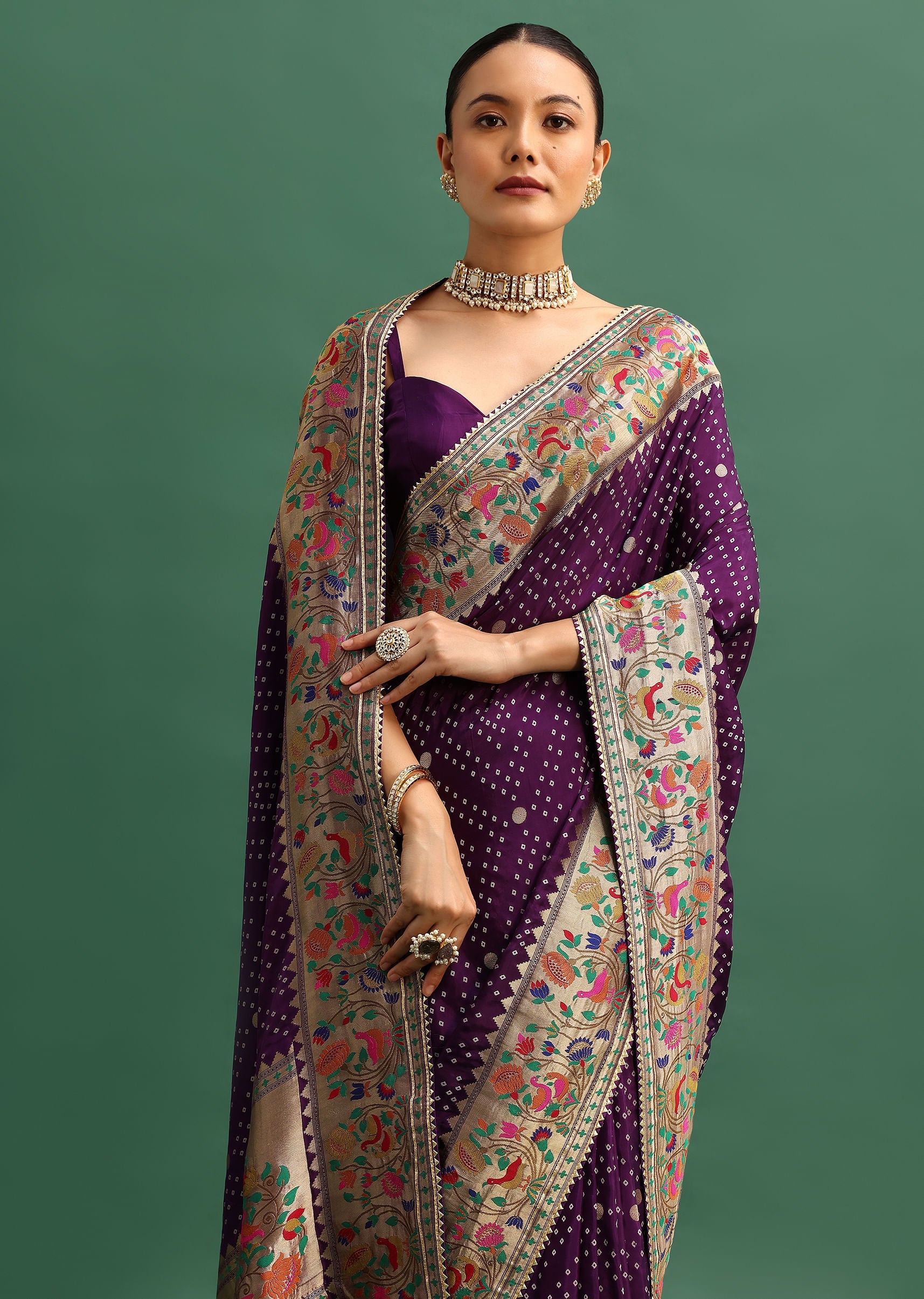 Purple Silk Woven Bandhani Saree With Paithani Border Pallu And Unstitched Blouse
