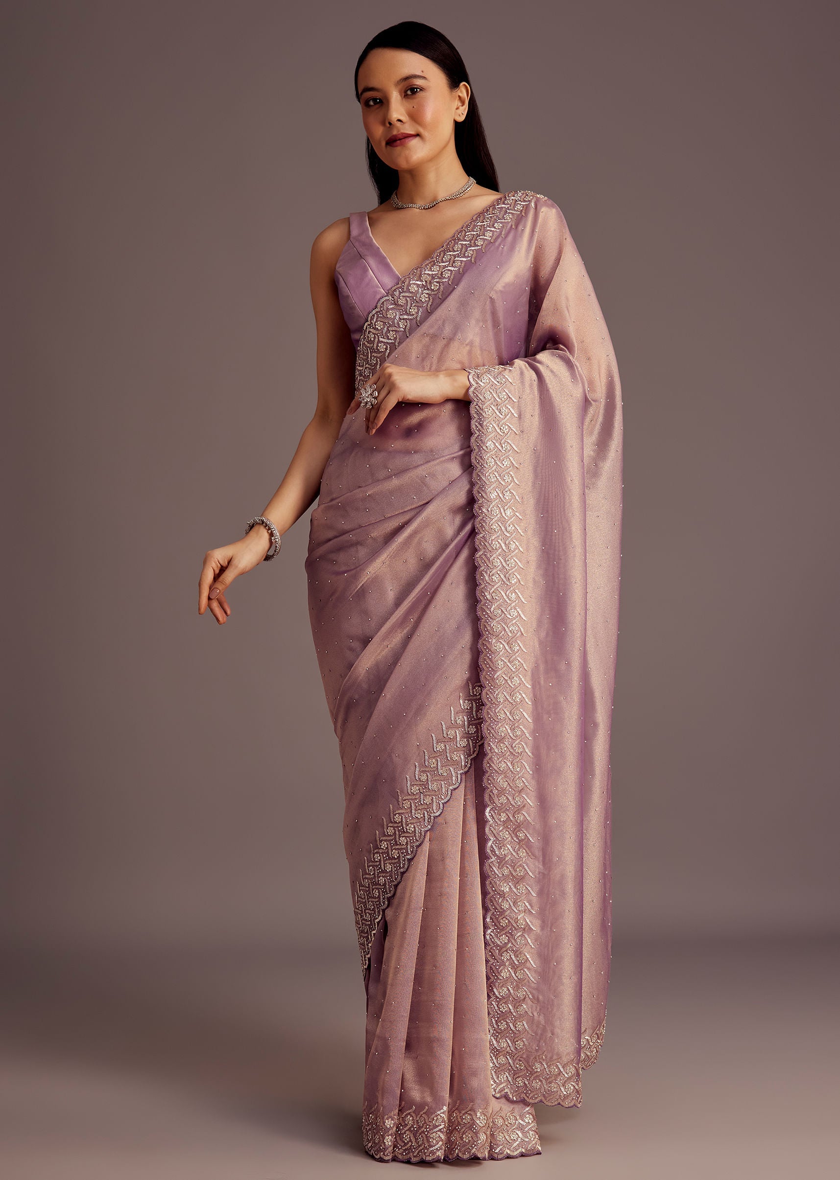 Purple Tissue Saree With Cutdana And Stone Embroidery