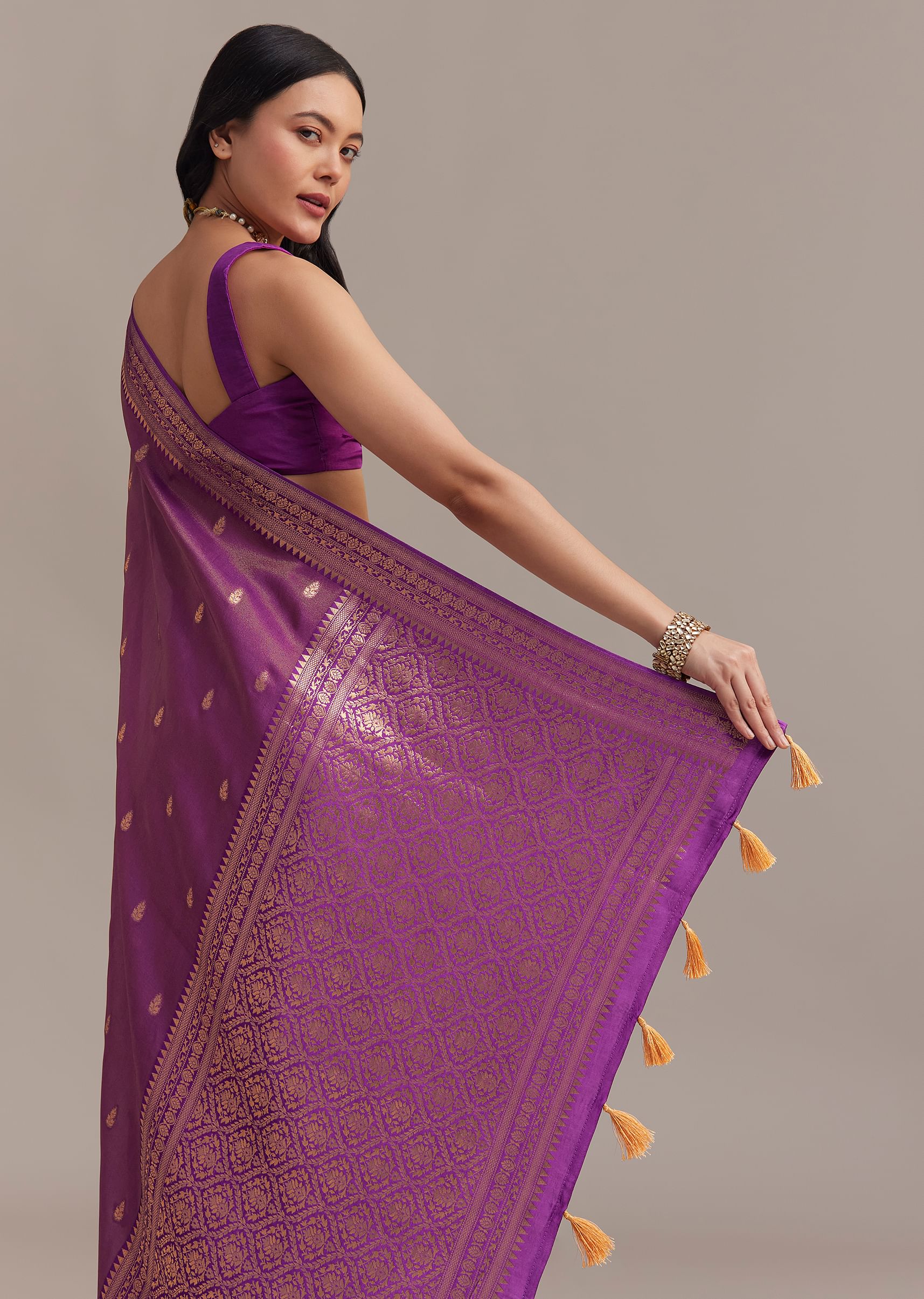 Purple Tissue Silk Saree With Butti Work And Chanderi Zari Woven Border