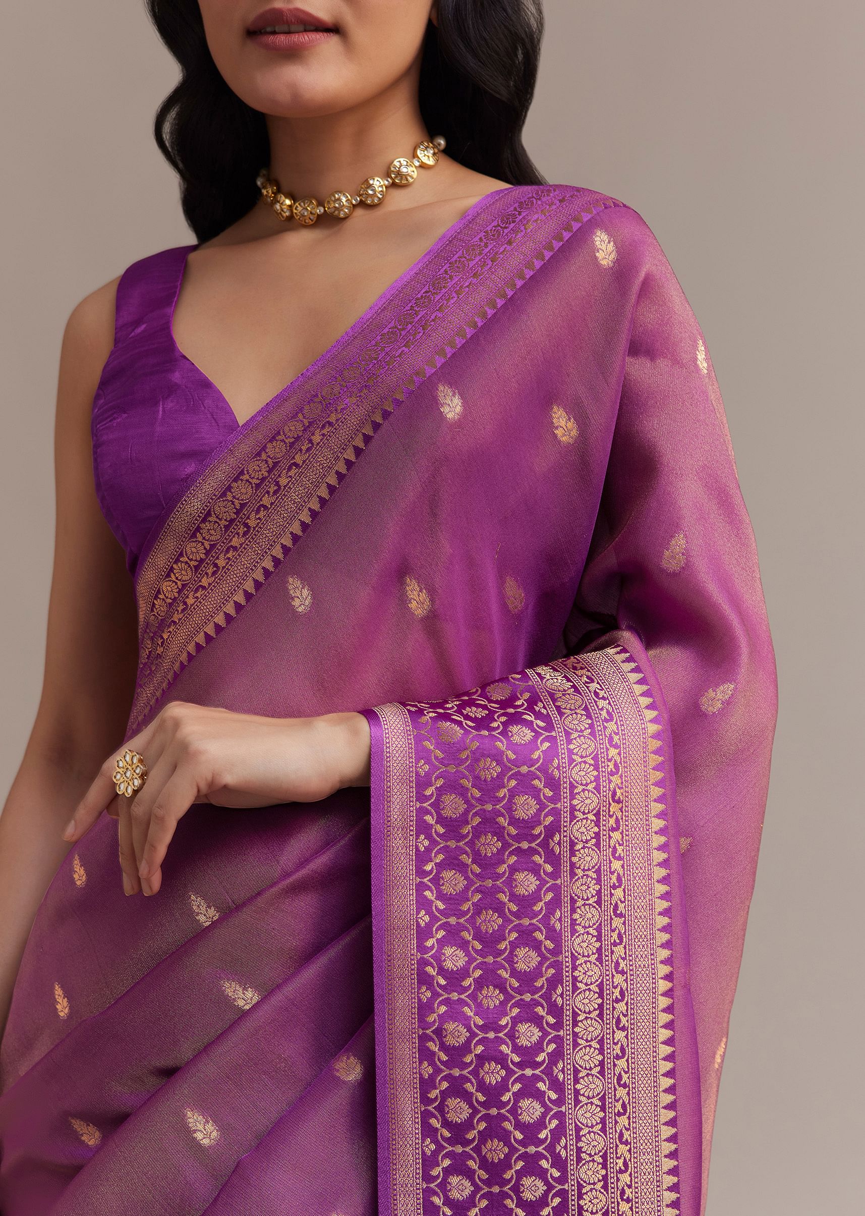 Purple Tissue Silk Saree With Butti Work And Chanderi Zari Woven Border