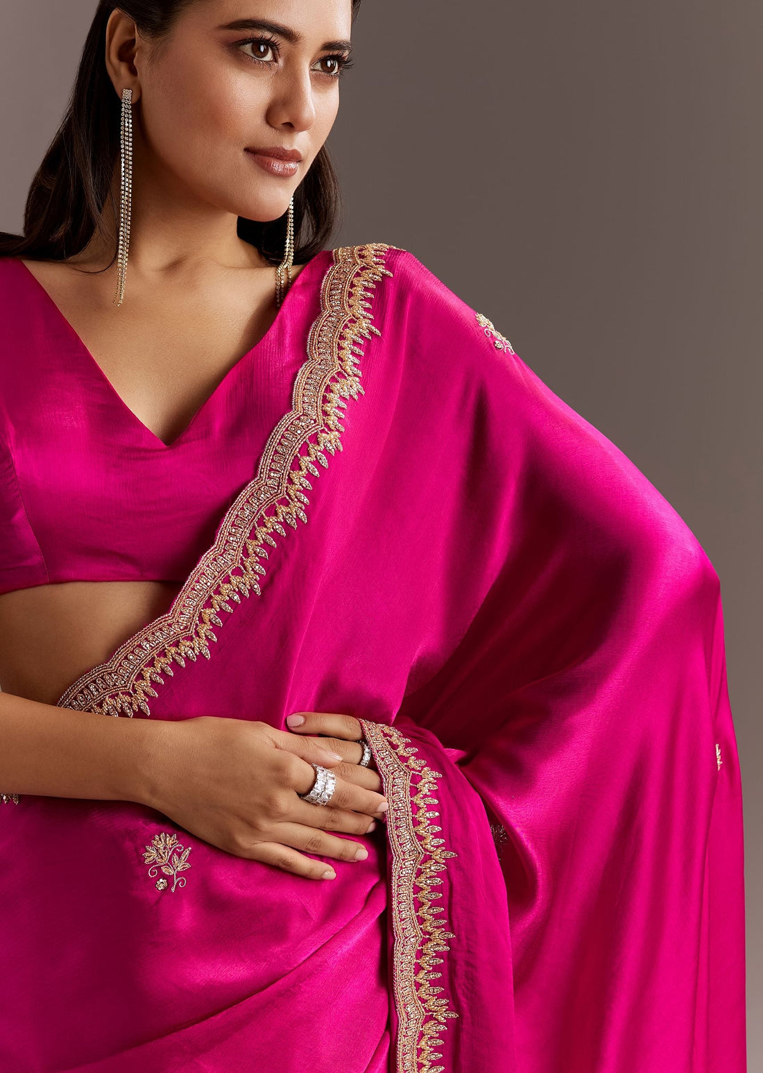 Rani Pink Chinon Saree With Cutdana Butta And Scallop Border