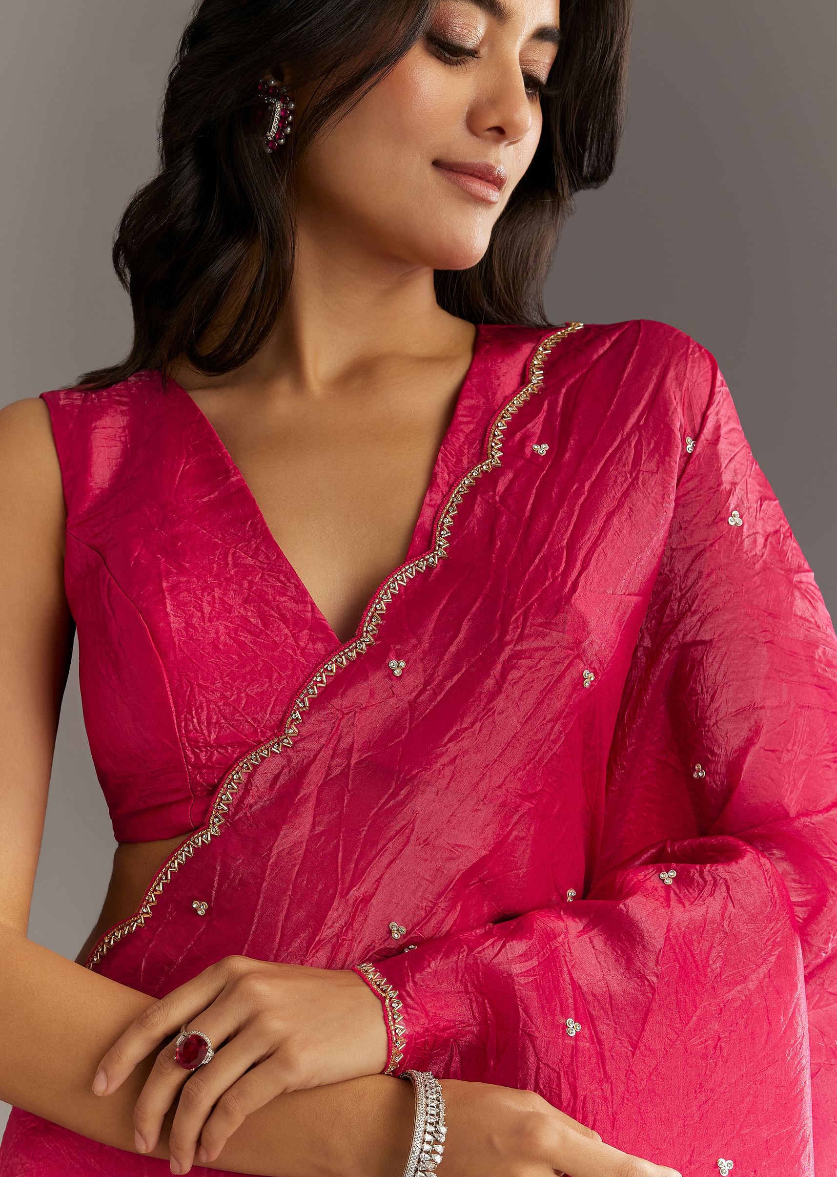 Rani Pink Crushed Tissue Saree With Cutdana And Sequin Embroidery