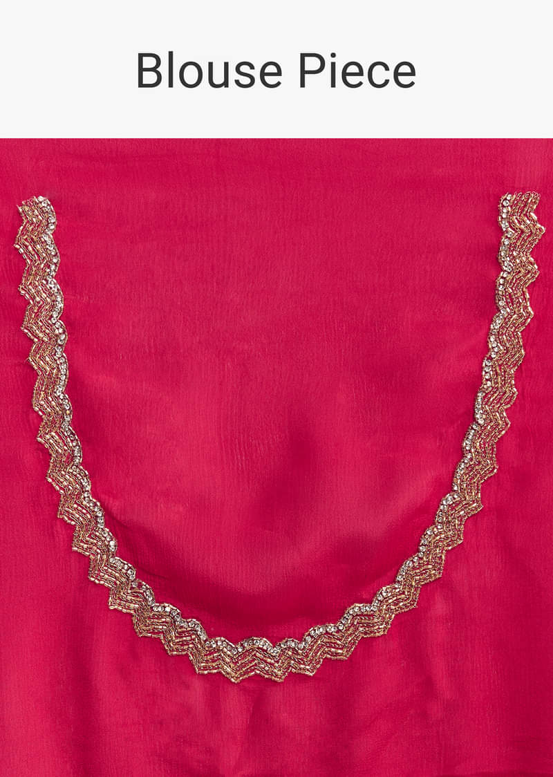 Rani Pink Embroidered Chinon Saree With Cut Dana