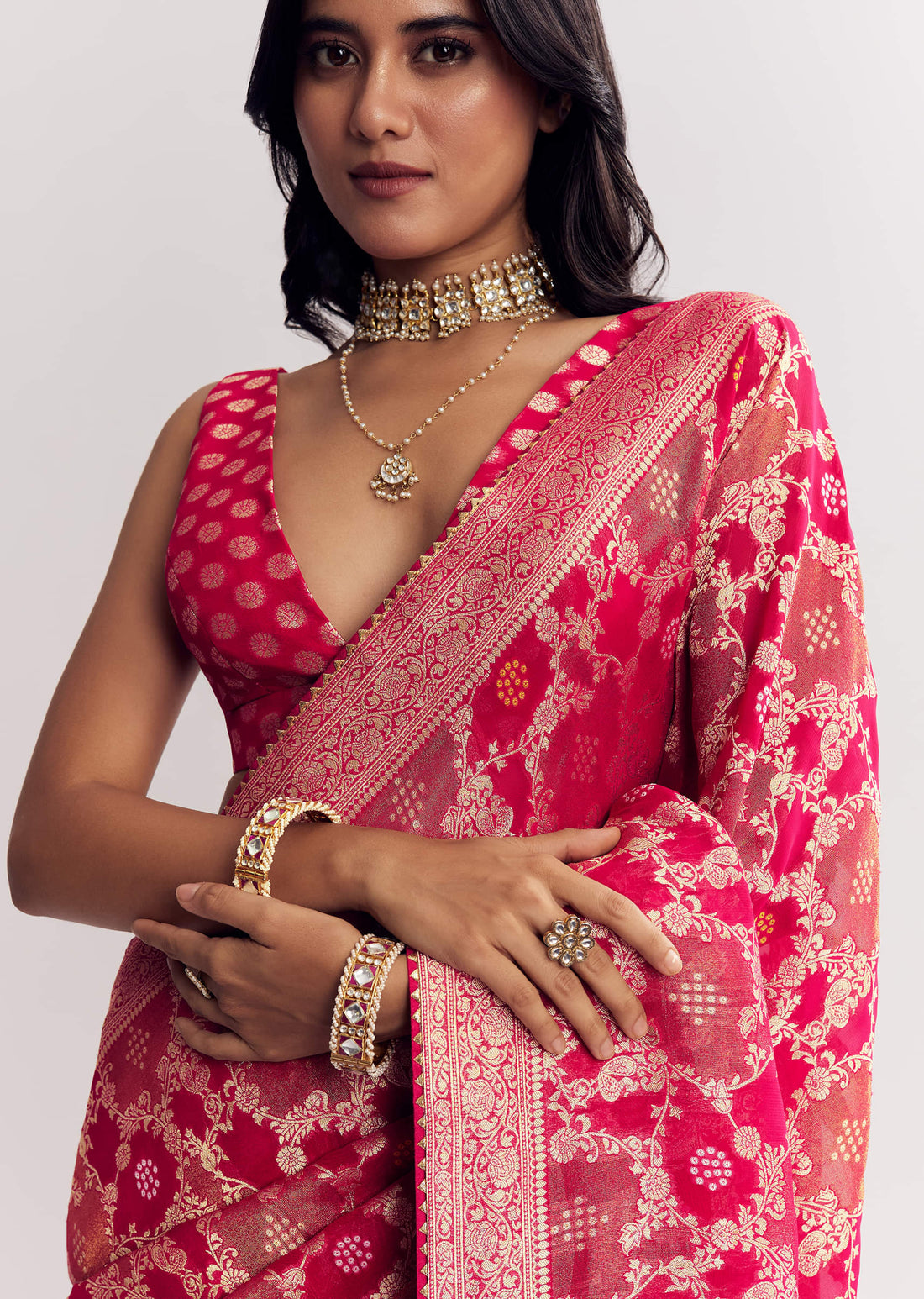 Rani Pink Georgette Saree With Zari Jaal Work
